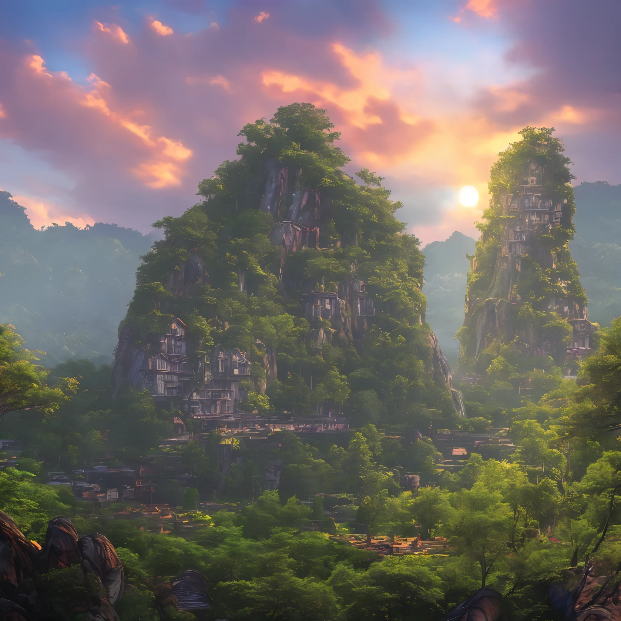 An elven village built in large trees on the side of a sacred mountain, (best quality,4k,8k,highres,masterpiece:1.2), ultra-detailed, realistic:1.37, HDR, UHD, studio lighting, extreme detail description, professional, vivid colors, bokeh, portraits, landscape, (Art style of: Wu Guanzhong), vibrant and dynamic colors, soft lighting.