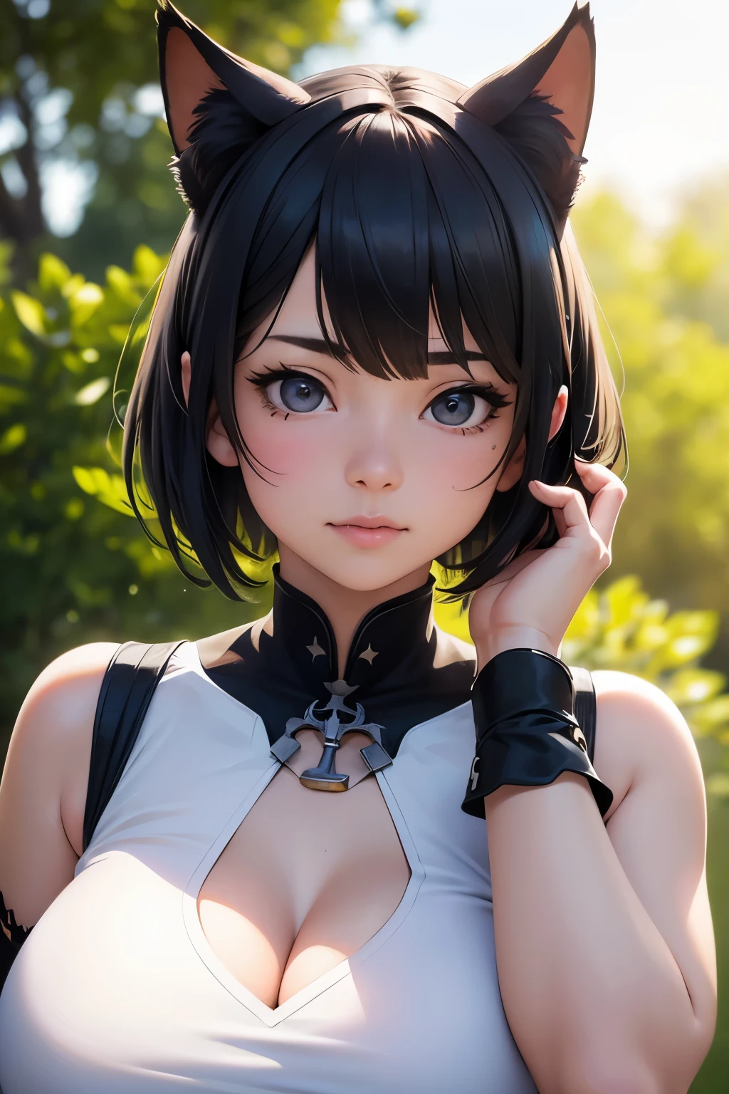 (8k, RAW photo, best quality, masterpiece:1.2), london (azur lane), fantacy_world, 1 girl, (aegyo sal:1), cute, aged down, (Jpop_idol), detailed beautiful skin, huge breasts, animal ears, black hair, cat ears, grey eyes, short hair, sad hand on own face,  (photorealistic:1.8), focus_on_face, looking down, arm up,  sunny milk, professional lighting, photon mapping, radiosity, physically-based rendering, daytime, outdoors,