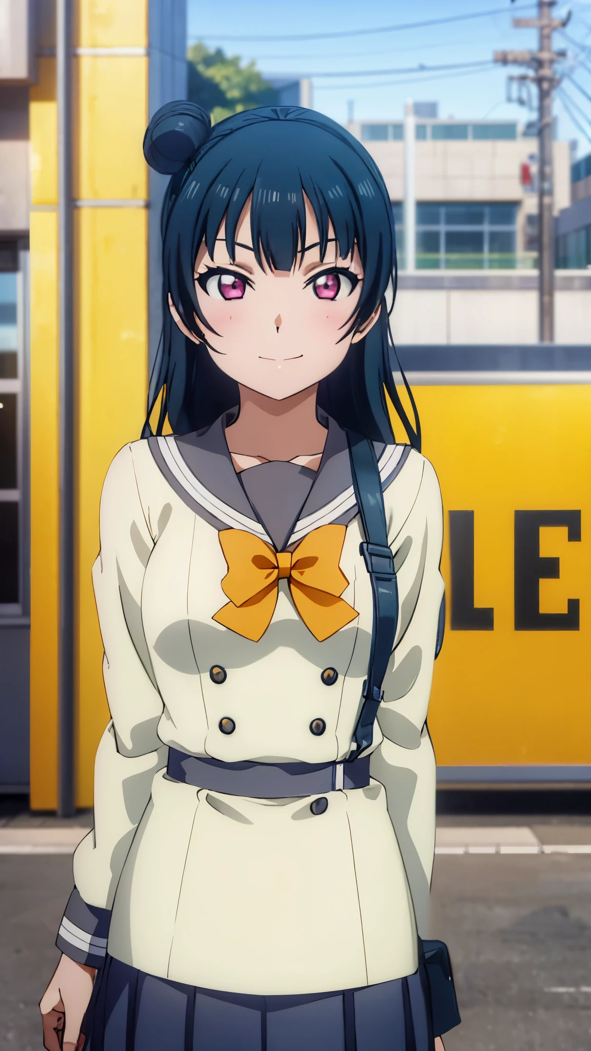 (((pixel-perfect, detail-perfect))), solo, 1girl, yoshiko tsushima, uranohoshi school uniform, bowtie, looking at viewer, smug, , (upper body: 1.5) ((She puts her hand behind her back))