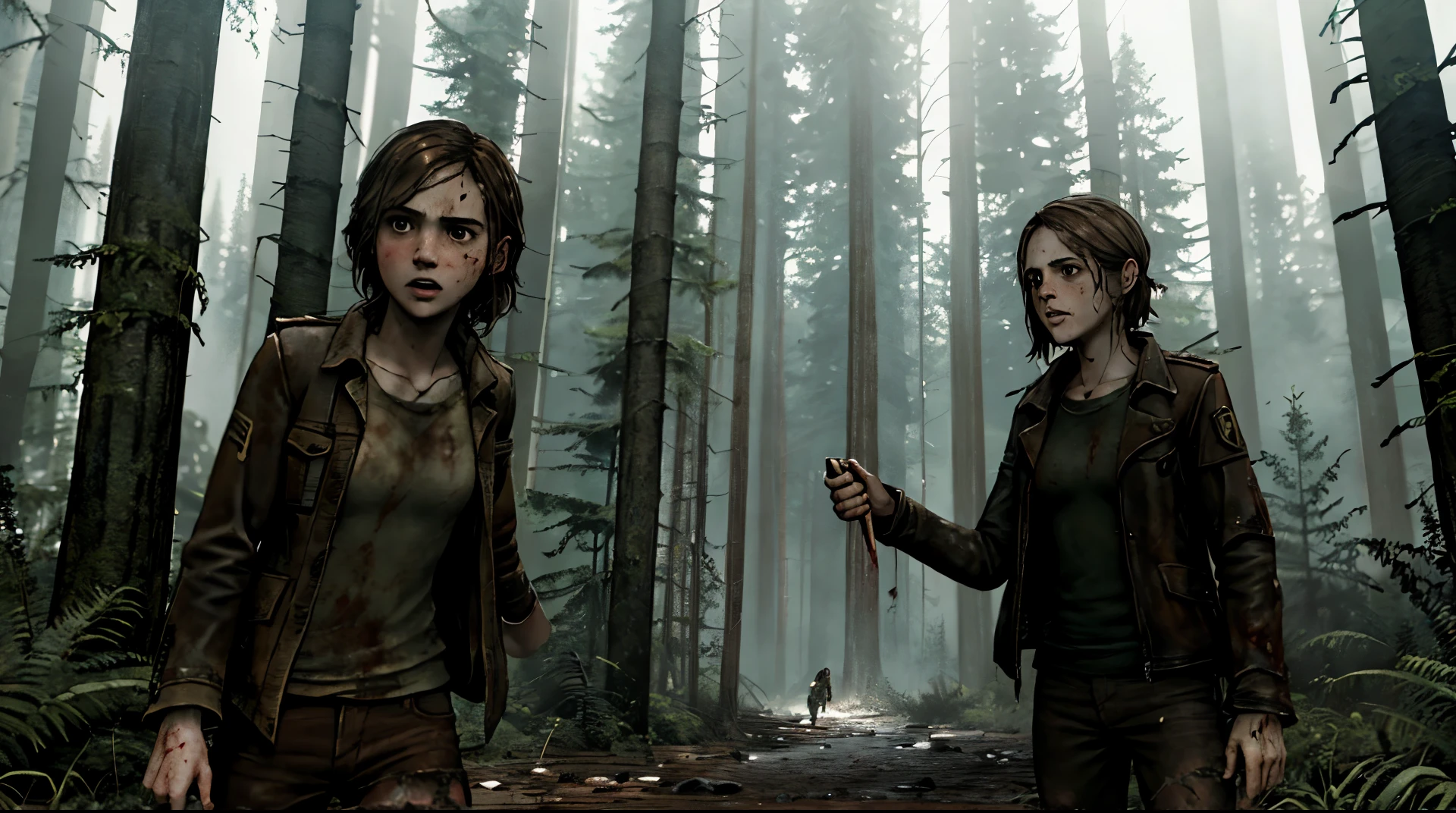 Hermione Granger + the last of us элли game (Hermione as Ellie)naked survives in the forest with Joel kills zombies, intestines, blood, fatigue, hope, rage, anger. post apocalypse.