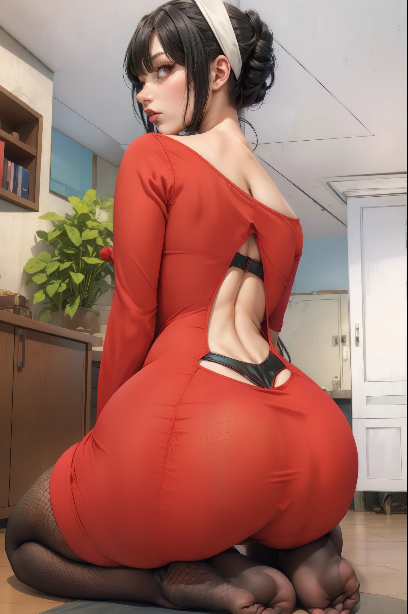 anime girl in red dress sitting on the floor with her legs crossed, bending over, (sfw) safe for work, back pose, commission for high res, succubus in tight short dress, thicc, doing an elegant pose over you, shapely derriere, somewhat bent over, insanely inflated hips, anya from spy x family, rin tohsaka