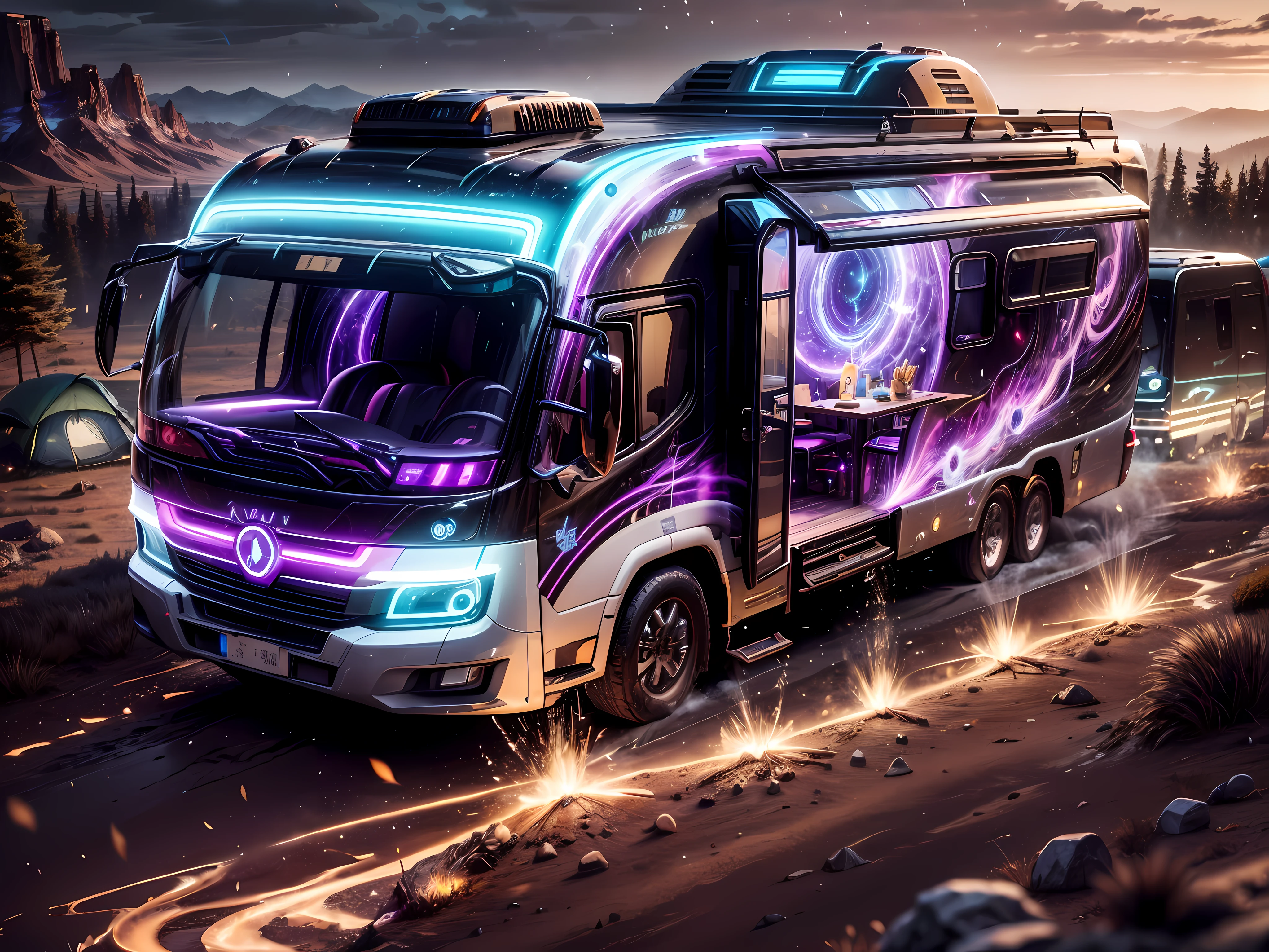 （medium shot），model sculptor dreamer ,Fairy Tale AI, （The exterior design of the magical RV is creative and imaginative。first，It has a streamlined body shape，Unlike traditional motorhomes。The surface of the fuselage is covered with smooth and shiny magic material，it emits a faint magical glow。The power system of the Magic RV is powered by Magic Crystal。These crystals have powerful energy storage and conversion capabilities，a lasting, Reliable power for RVs。RVs are also equipped with many special features，Shield generator、Incognito mode and space-time portals。The body can be engraved with runes and magic patterns，Highlight the presence of magical elements），((comfortably，camping，camp，ten ten，bonfire))，Bright colors, Fantasy mythical ancient ruins background, headlight，masterpiece, concept art, fantasy theme,Volumetric lighting, global illumination, reflection, Ultra high quality，The light is bright，RGB color，Vibrant colors