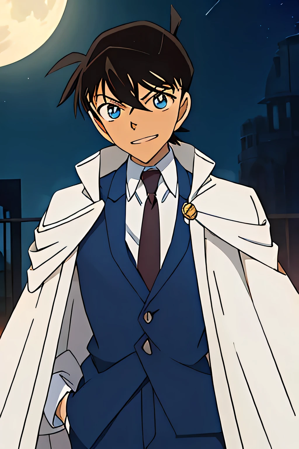 blue eyes, 1boy, short hair，masterpiece,best quality,game cg,blue_shirt, white_jacket, male_focus, magic_kaito, dress_shirt, parted_lips, necktie,  night_sky, monocle_chain, smile,  outdoors, looking_at_viewer, moon, monocle, suit, shirt, red_necktie, jacket, sky, white_suit, upper_body, grin, white_cape, formal, full_moon, 1boy, depth_of_field, solo, blurry, night, cape, meitantei_conan, kaitou_kid