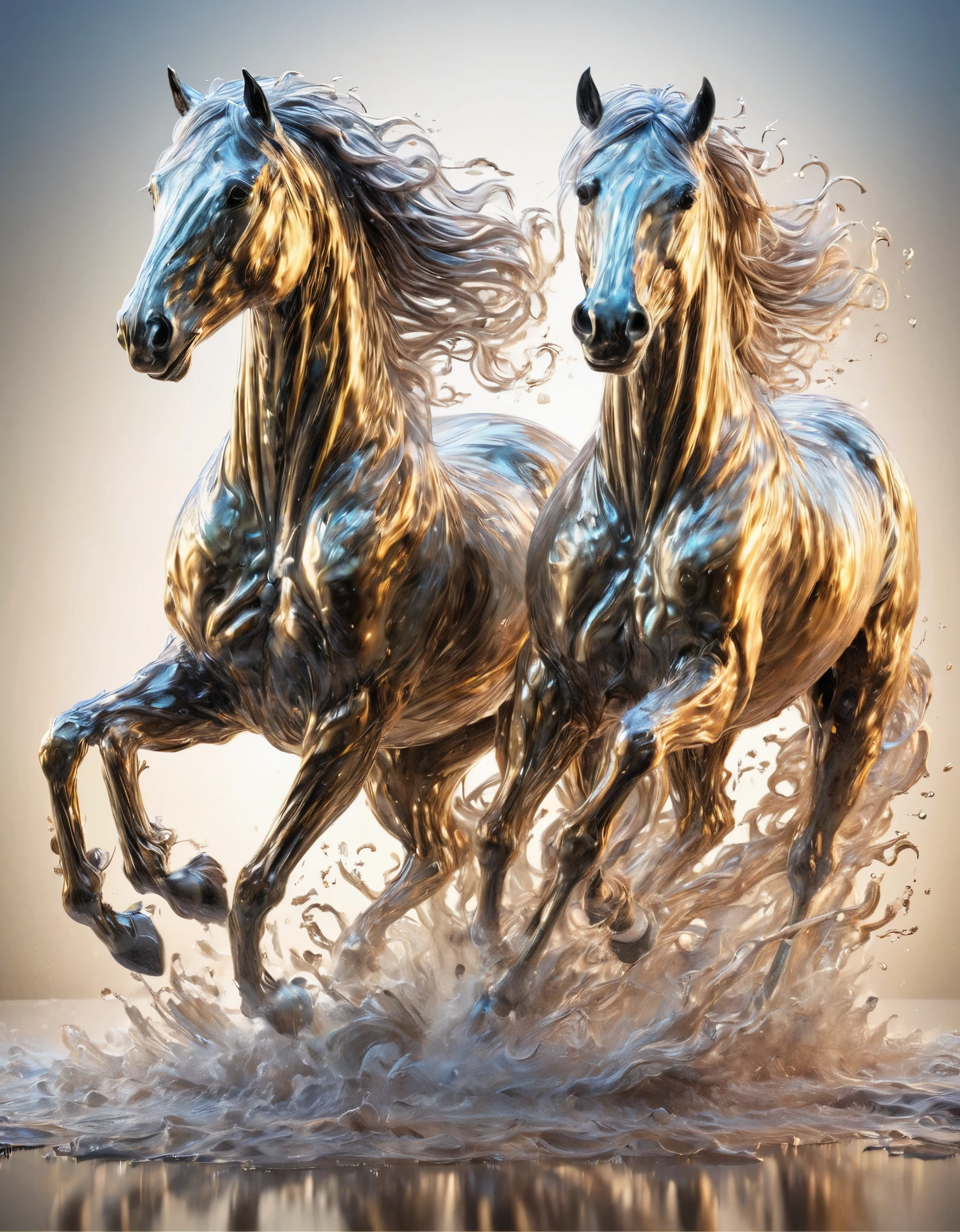 A colorful portrait of 2 galloping horse formed by flowing liquid steel, with intricate details and a textured surface. The horse is made entirely of molten steel, giving it a mesmerizing and fantastical appearance. The artwork is of the highest quality, with a resolution of 16K, ensuring every fine detail is captured in stunning clarity. The colors used are vibrant and rich, creating a dynamic and eye-catching composition. The lighting is dramatic, casting shadows and highlights that accentuate the contours and movement of the horse. The overall tone of the artwork is bold and energetic, capturing the power and grace of the galloping horse.