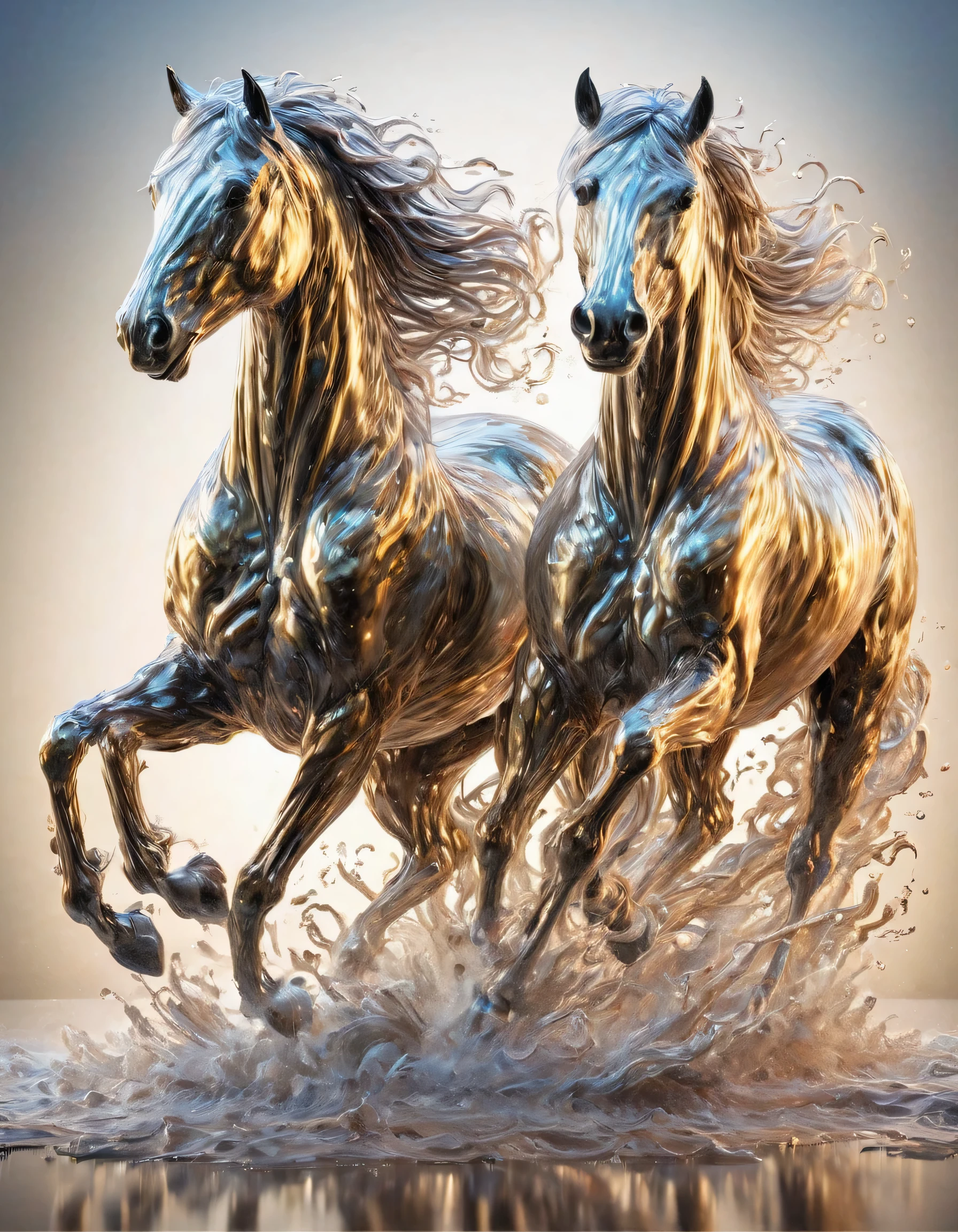 A colorful portrait of two galloping horses formed by flowing liquid steel, con detalles intrincados y una superficie texturizada. The horse is made entirely of cast steel., giving it a fascinating and fantastic appearance. The artwork is of the highest quality., with a resolution of 16K, asegurando que cada detalle fino se capture con una claridad asombrosa. Los colores utilizados son vibrantes y ricos., creating a dynamic and striking composition. The lighting is spectacular., Project shadows and lights that accentuate the contours and movement of the horse.. The overall tone of the artwork is bold and energetic., Capturando el poder y la gracia del caballo al galope..