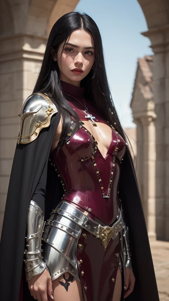 ((best quality: 1.5)) ((masterpiece: 0.8)), intricate details, sharp focus, professional, photorealistic, real life, realistic representation of the face, ((((solo, 1girl) muscular assassin, golden hour, (suntan, intense expression, metallic lipstick, ((([flat chest:medium breasts:0.8]))))))) bright glow, dynamic pose, ugly face, in the style of realistic and hyper detailed renderings, medieval church, stained glass, solo, BREAK; BREAK (((long black straight hair, blackout gothic eyeshadow))), (freckles: 0.9), ((((body tattoo: 0.8)))), ((fujicolor)), BREAK; BREAK ((((medieval paladin, (lacquered maroon armor:1.7, ((cleric, holy symbol, chrome rivets, lethal, cape)))), photorealistic, hyper-realistic)))