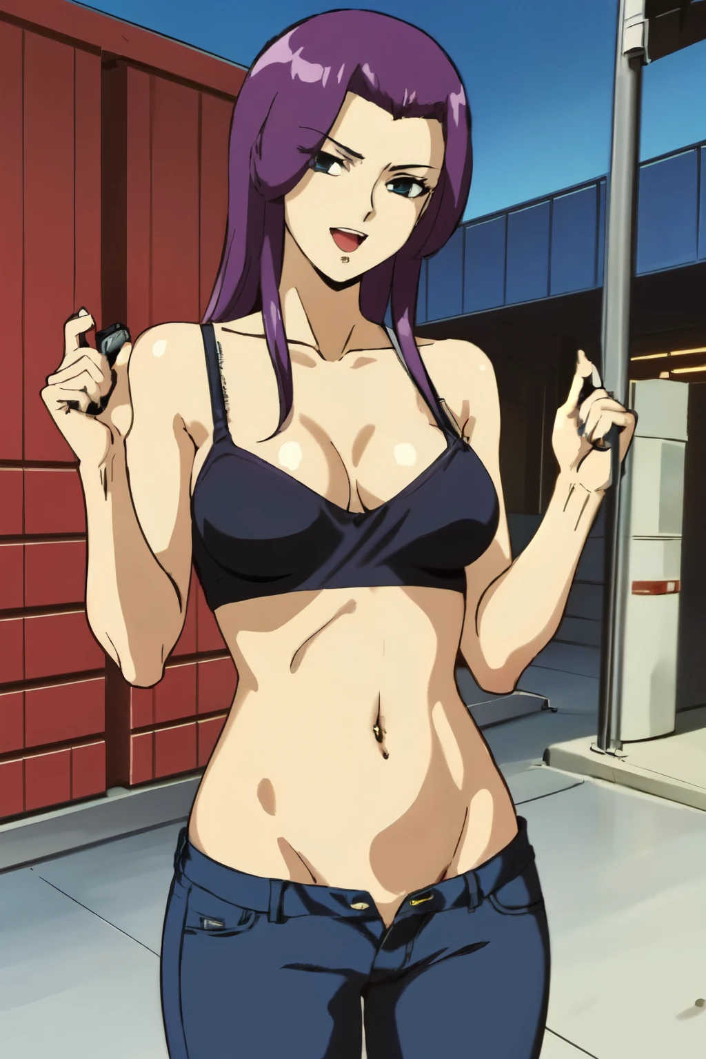 Kate,1girl,purple hair,forehead,long hair,
masterpiece,high quality,4k, bare shoulder,belly,crop top,outdoor,cleavage,jeans,casual
dress,street,road,smile, open mouth, (nsfw) not safe for work, holding a gun,handgun, evil expression,
exposed belly, exposed navel, exposed midriff, exposed lower belly, crop top overhang, underboob,
unbuttoned jeans , low rise black jeans, Low rise jeans, Low rise jeans with open fly, navel piercing