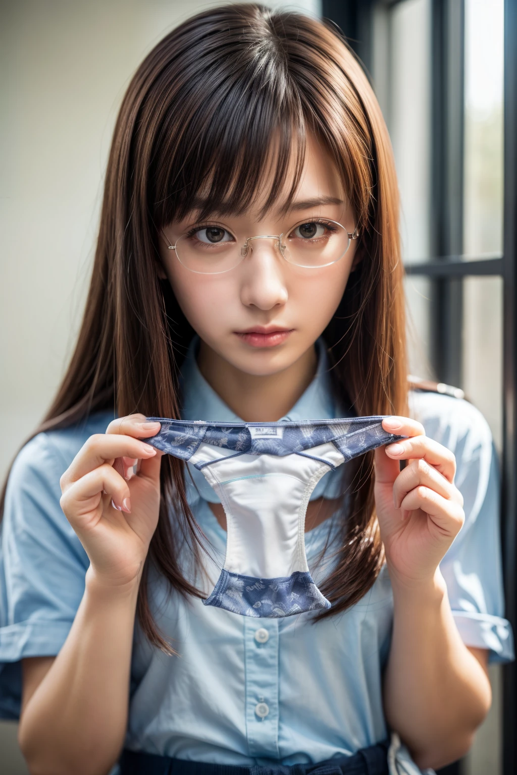 (absurdres:1.3),8K,(detailed photograph:1.5),(detailed face and skin:1.3),(ultra high res:1.5),(photorealistic:1.5),symmetric clear eyes,well-groomed face,(ray tracing:1.3) ,1girl, Japanese,high school girl,(wearing Japanese high school uniform:1.3),(navy high school uniform:1.3), BREAK (presenting panties),(detailed blue Cotton panties:1.1),masterpiece, best quality, highly detailed,classroom,Black mideum straight hair,focus panty,cinematic lighting,(blushing:1.3),(Stain on panties:1.4),Glasses,