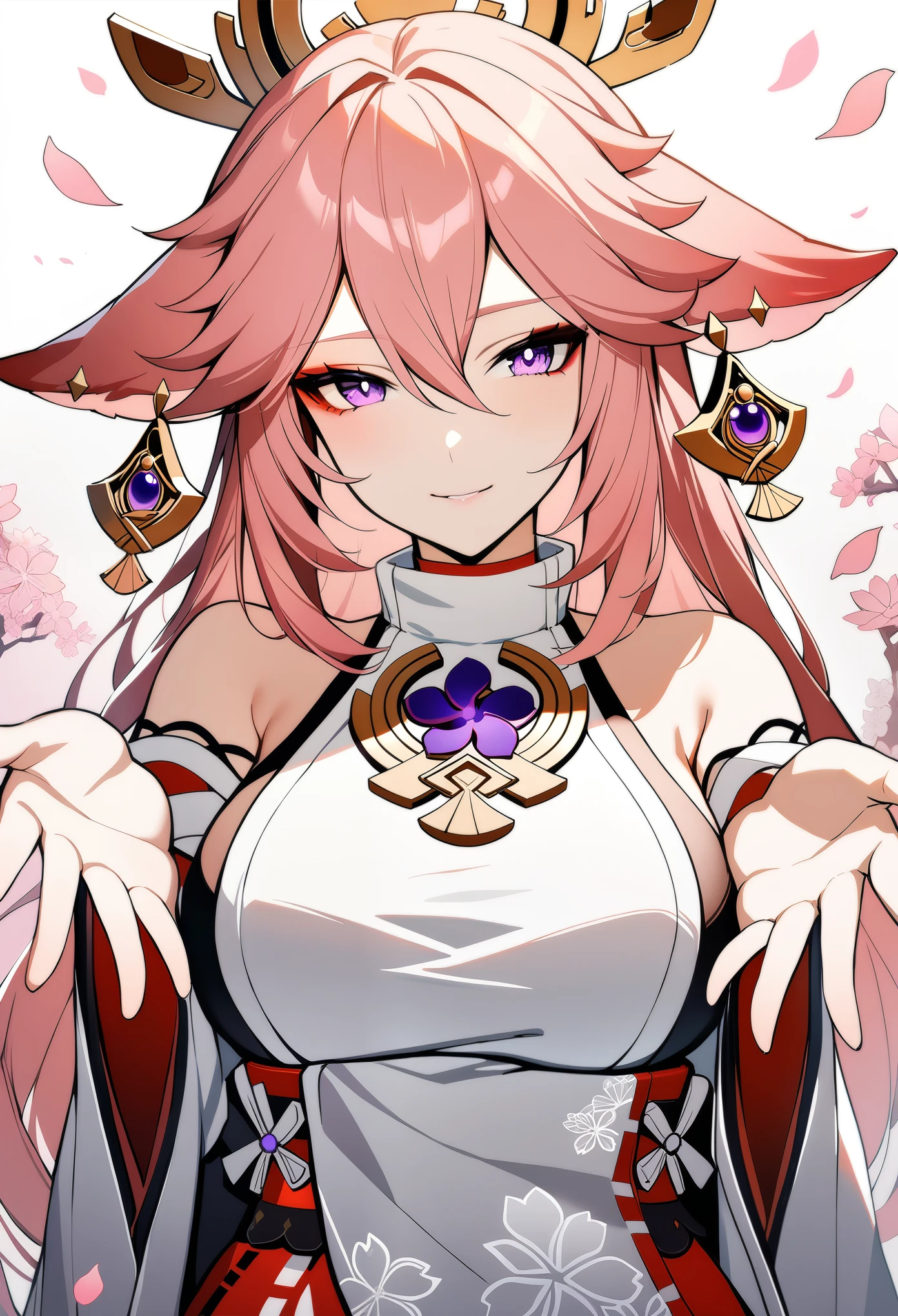 1girl, yae miko, genshin impact, upper body, standing, pink hair, very long hair, fox ears, white shirt, breasts, looking at viewer, light smile, outstretched hands, petals, masterpiece, best quality