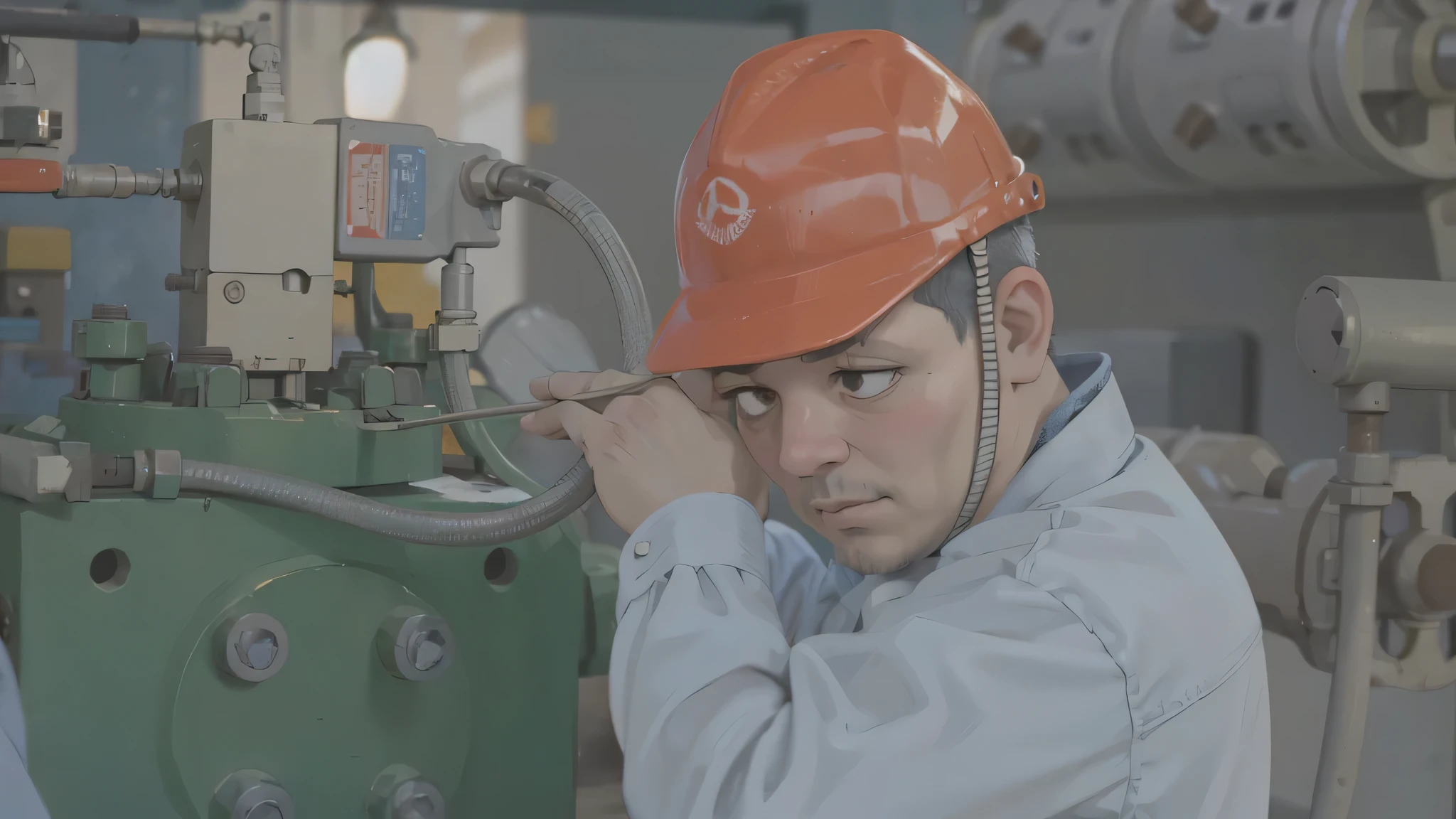 Factory workers,middle aged male,The expression is very calm,((eyes are small)),Moderate,Slightly fat,Handle the instrument with care,correct finger