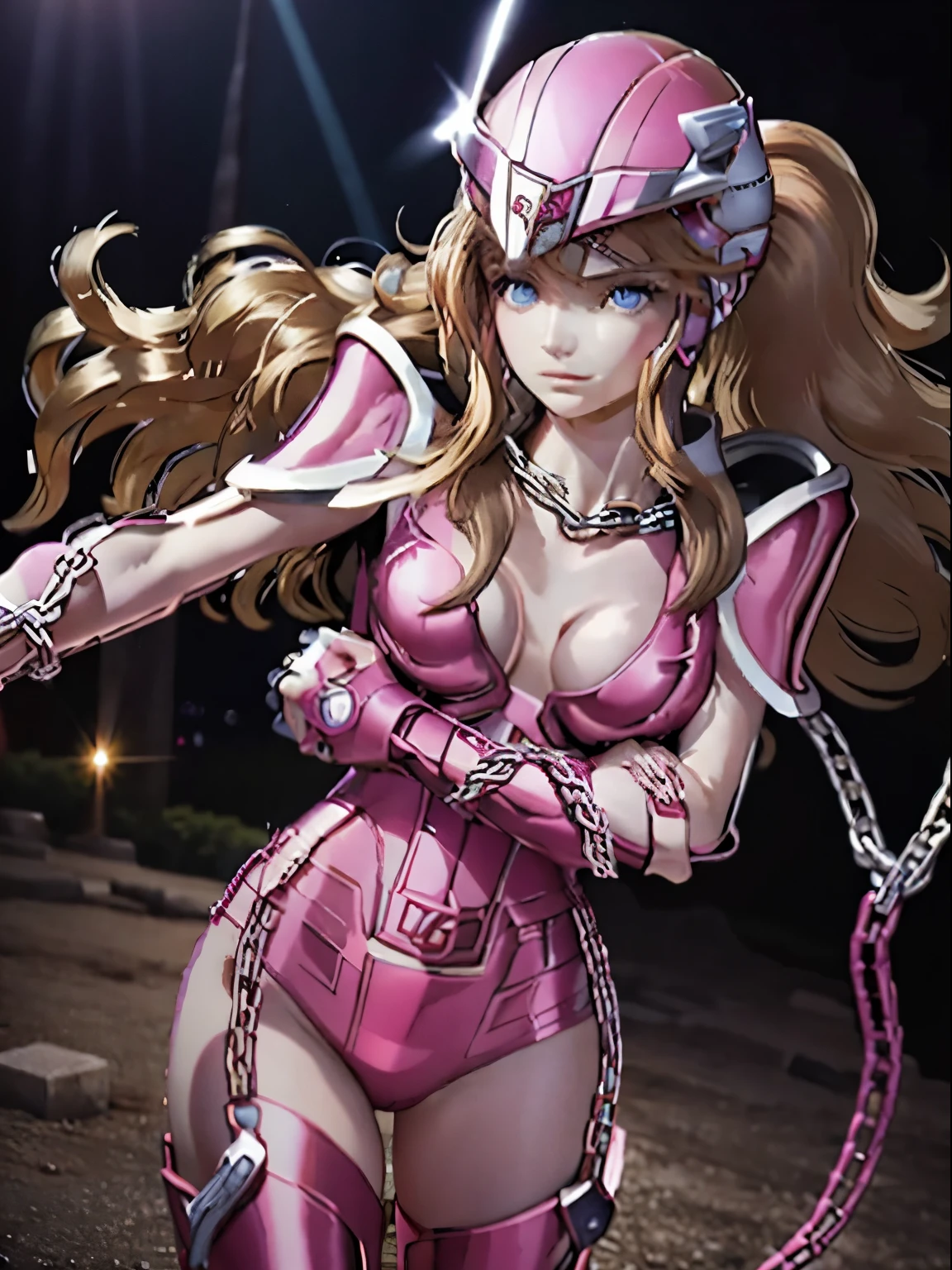 masterpiece, best quality, ultra high res, realistic skin texture, armature, (photorealistic:1.4), high resolution, raw photo, shiny skin, realistic skin texture, best lighting, sparkle, dramatic lighting, dynamic pose, (greek temple background:1.3), night sky, cosmos, milky way, 1girl, balanced eyes, Andromeda Shun, pink armor, roman skirt plate, (breast plate:1.5), cleavage, red hair, (pink helmet:1.3), blue eyes, (looking at viewer:1.3), (medium breast:1.3), slight smile, (chains around arms:1.3),