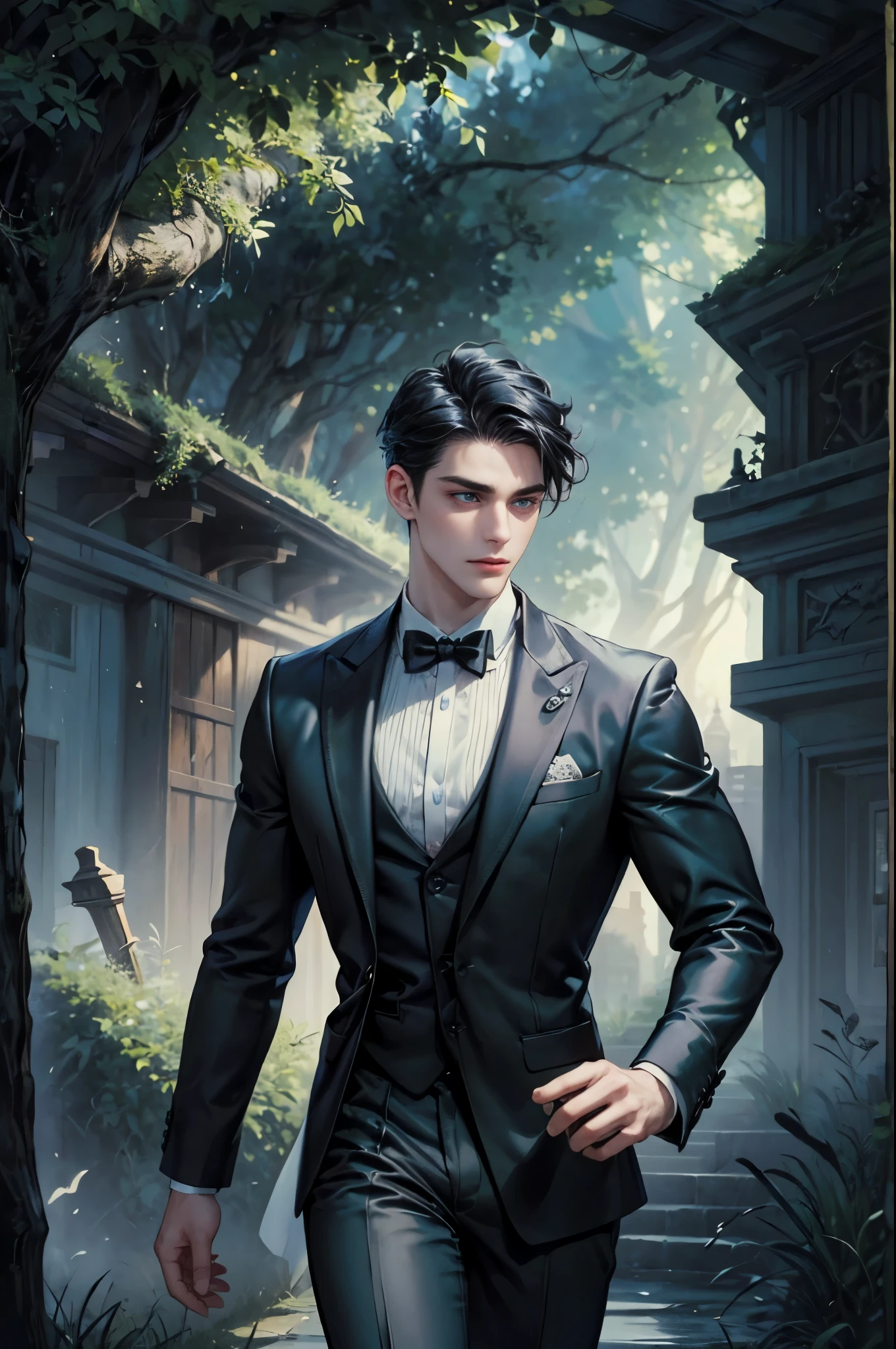 ((Best quality)), ((masterpiece)), (detailed), ((perfect face)), ((halfbody)) In the eerie twilight of a hauntingly beautiful carnival, a dashing young man with piercing blue eyes and raven hair, clad in a vintage black suit, confidently strolls along the cobblestone path. As he passes by the enigmatic carousel with its that lie within the heart of this eerie wonderland.