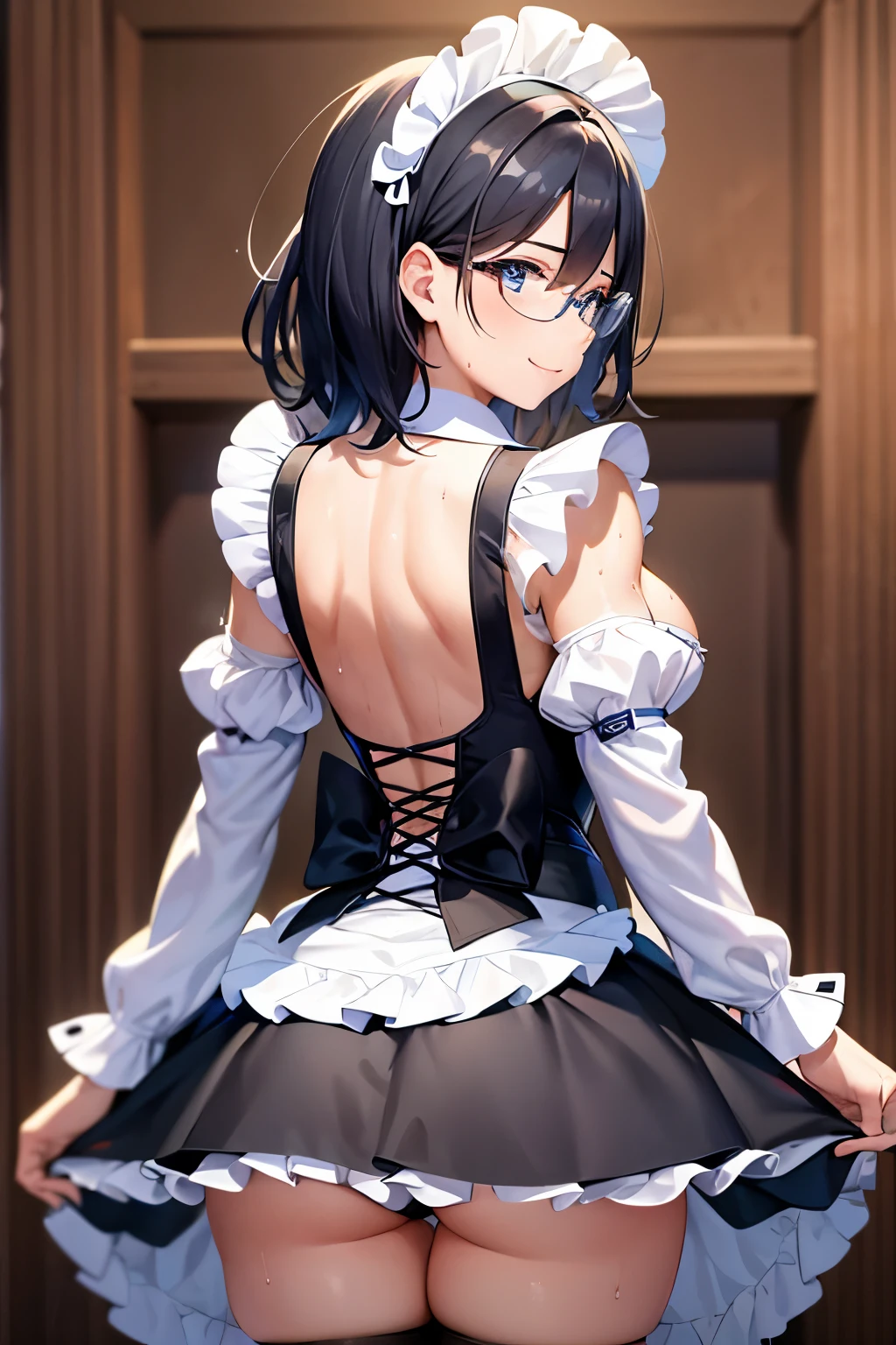 1girl,18yo,perfect hands, perfect finger,perfect anatomy, masterpiece, best quality,realistic, hyperrealistic, 16k hdr,, aamii, short hair, black hair, blue eyes, glasses, ,cafe,standing,(sweat:1.3),(happy smile:1.2),large breasts,cleavage,(skirt lift herself:1.5),(show off panty),(sexy maid dress,head dress:1.2),ultra miniskirt,(from behind,ass:1.3)