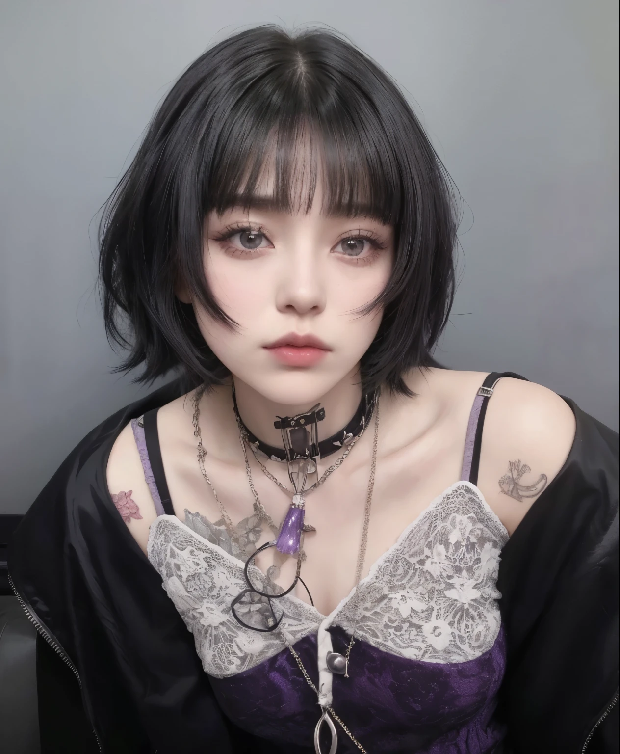 Mujer arafed con una camisa morada y una chaqueta negra., cruel korean gothic girl, 1 7 anime gothic girl, pelo cortado hime negro, 1 7 year oldgirl, el corte de hime, peinado de corte hime blanco, with short hair con flequillo, con flequillo completo, gothic girl aesthetic, she has black hair con flequillo, con flequillo