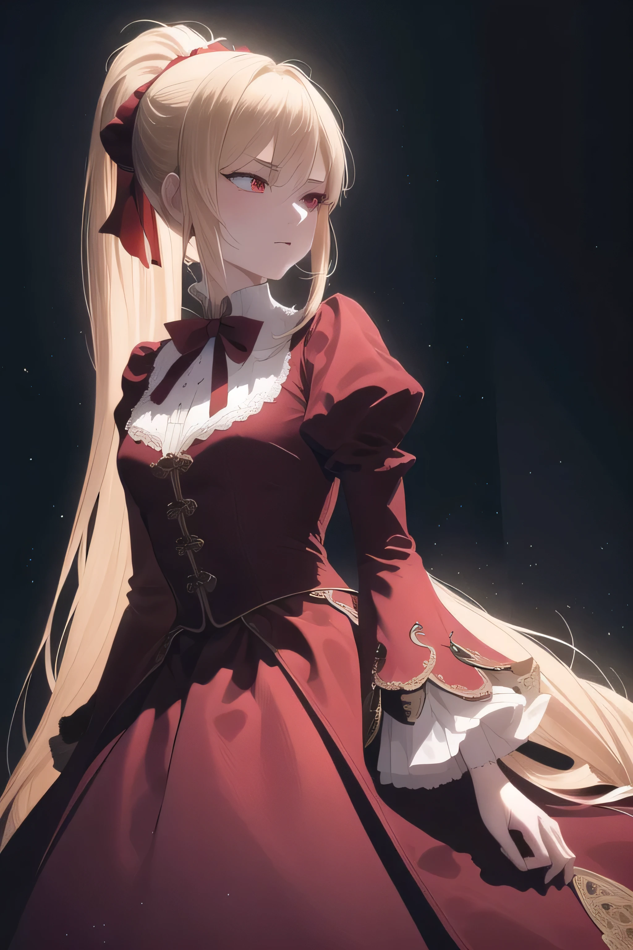 light particles, soft light, Volumetric lighting, intricate details, detailed, 1 girl, alone, blonde hair, long hair, high ponytail, red eyes, long eyelashes, thick eyelashes, looking at the audience, red dress, gorgeous dress, backless dress, puffy sleeves, Juliet sleeves, (long sleeves:1.2), red bow tie, black background, simple background, from the front