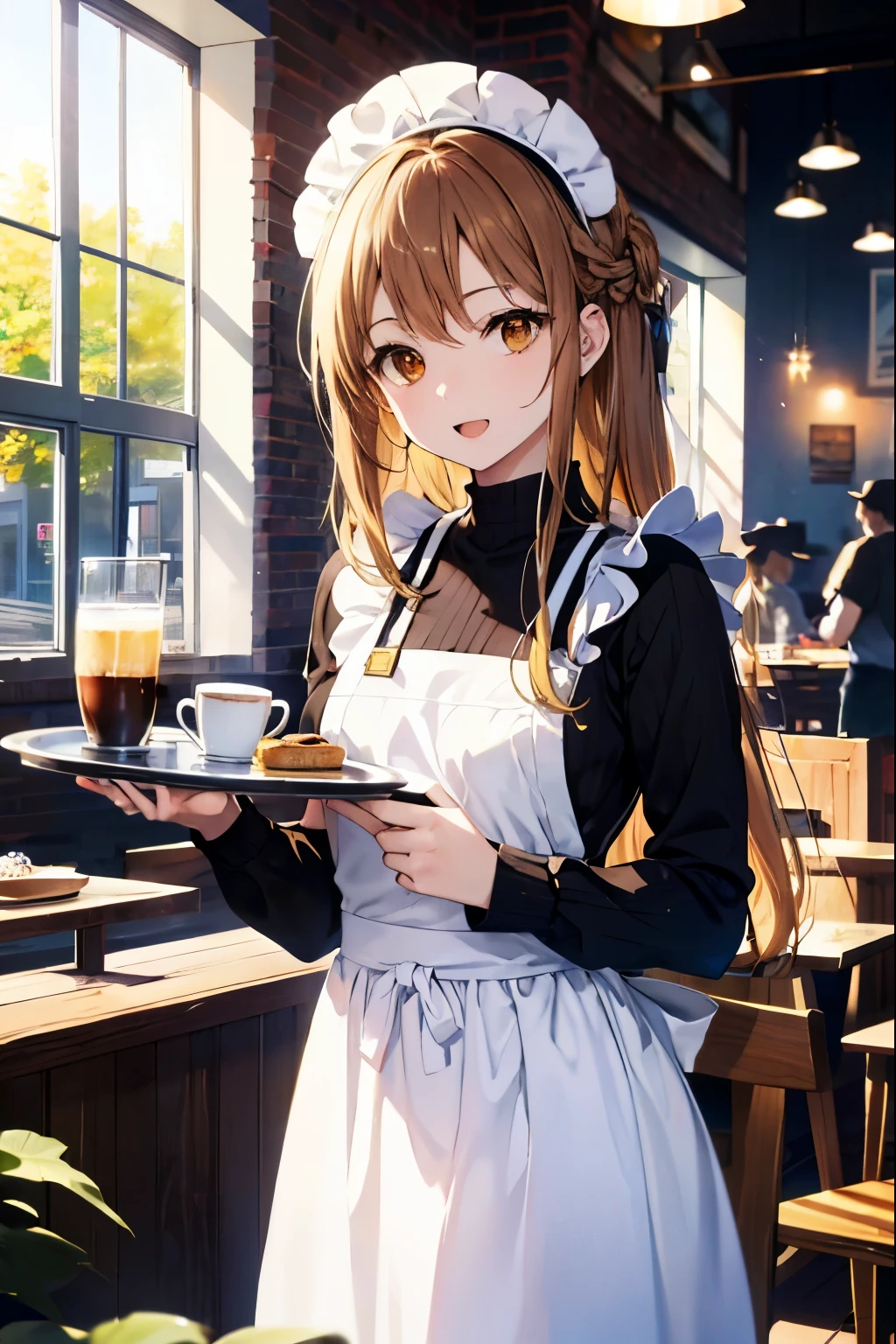 a sun ayuuki, a sun a yuuki, long hair, brown hair, (brown eyes:1.8), (medium chest:1.2),headdress, dress, apron, looking at the viewer, , clavicle, cute, smile, open your mouth, alone, long sleeve, indoor, Cafe, remainder, food, drink, table and chairs, cleaning, tray, tray in one hanh
break outdoors, coffee shop　open terrace,
break looking at viewer, (cowboy shot:1.5),
break (masterpiece:1.2), highest quality, High resolution, unity 8k wallpaper, (figure:0.8), (detailed and beautiful eyes:1.6), highly detailed face, perfect lighting, Very detailed CG, (perfect hands, perfect anatomy),