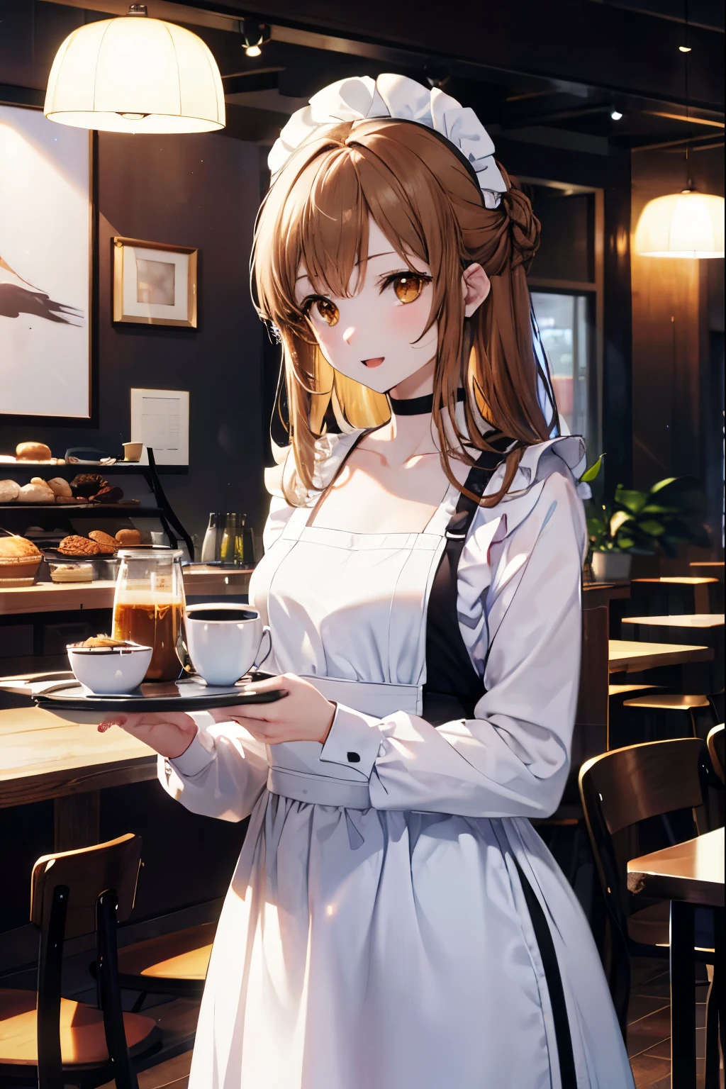 a sun ayuuki, a sun a yuuki, long hair, brown hair, (brown eyes:1.8), (medium chest:1.2),headdress, dress, apron, looking at the viewer, , clavicle, cute, smile, open your mouth, alone, long sleeve, indoor, Cafe, remainder, food, drink, table and chairs, cleaning, tray, tray in one hanh
break outdoors, coffee shop open terrace,
break looking at viewer, (cowboy shot:1.5),
break (masterpiece:1.2), highest quality, High resolution, unity 8k wallpaper, (figure:0.8), (detailed and beautiful eyes:1.6), highly detailed face, perfect lighting, Very detailed CG, (perfect hands, perfect anatomy),