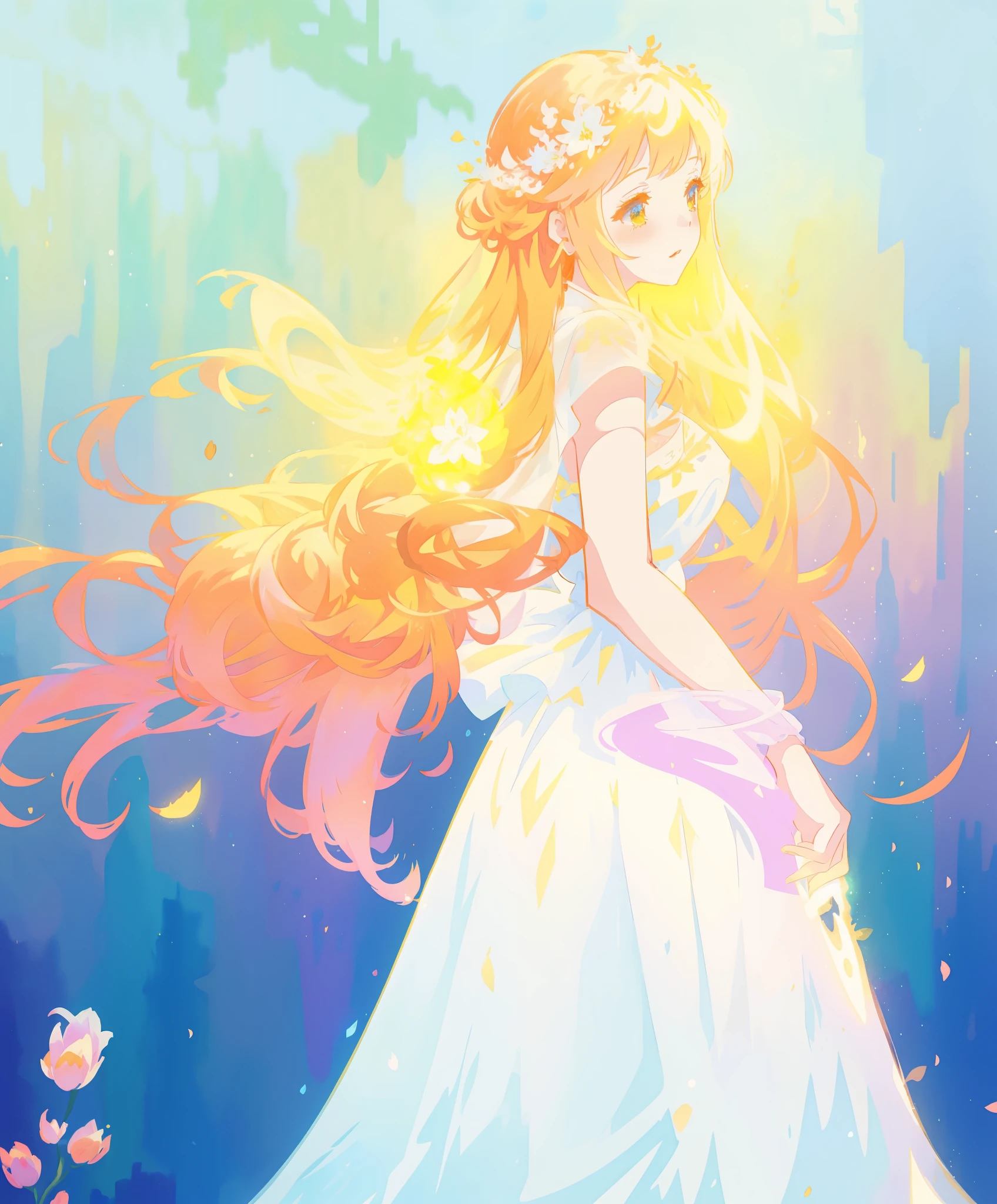 beautiful girl in white puffy ballgown, glowing ballgown, long gold peach hair, delicate white flowers in her hair, colorful fantasia background, watercolor illustration, disney art style, glowing aura around her, glowing lights, beautiful digital illustration, fantasia otherworldly landscape plants flowers, beautiful, masterpiece, best quality, anime disney style