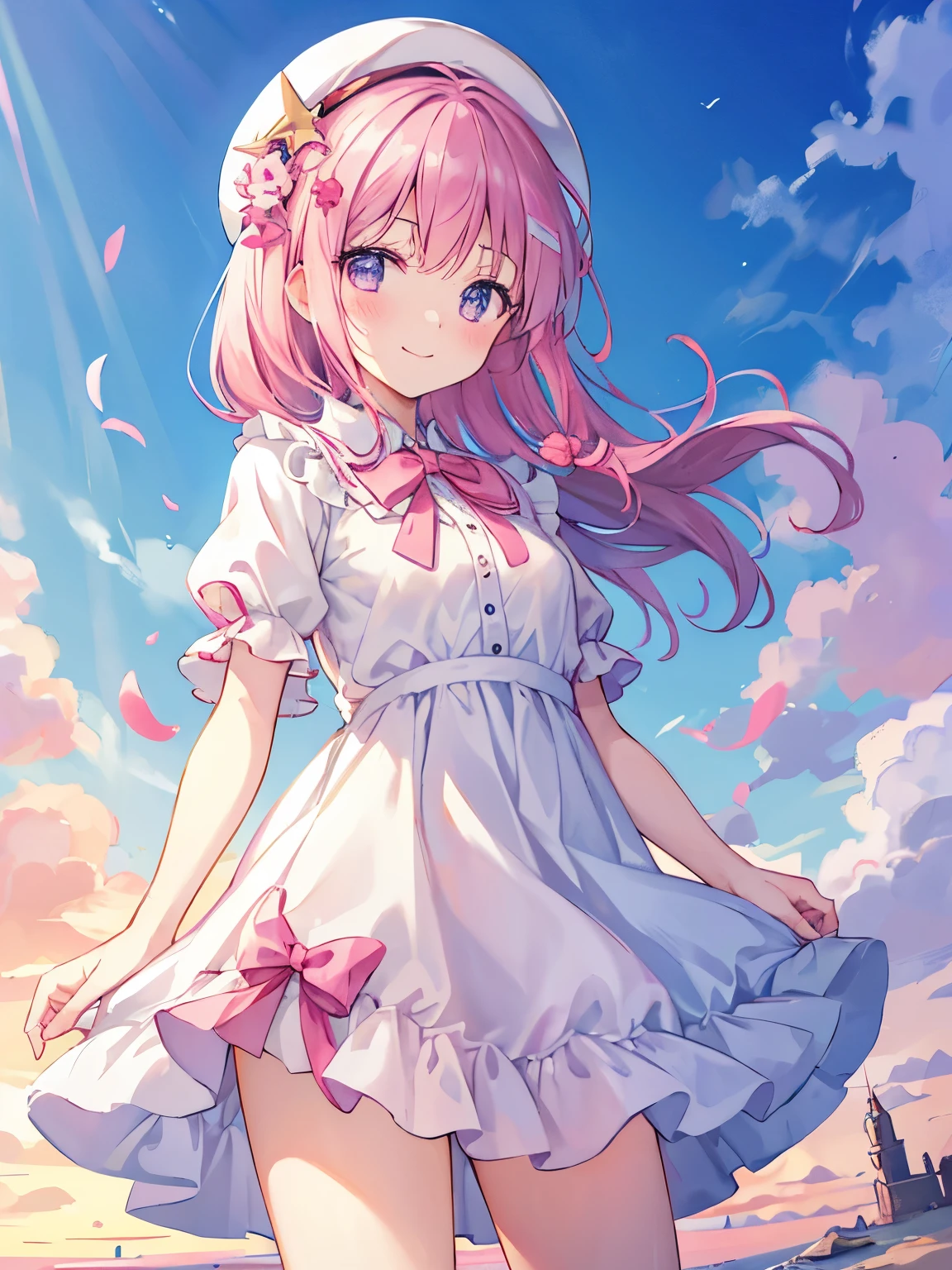 Girl with pink hair, long double-tailed hairstyle ((small pink bushy eyebrows)), con, dressed in loliress, sunset lighting showing her body, very marked thigh gap, Thigh Gap, marked vagina, lifting her skirt to show her vagina wet with semen, thighs splashed with semen
