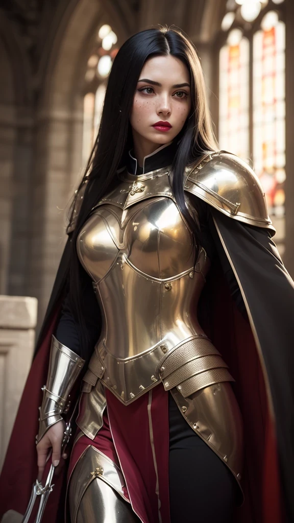 ((best quality: 1.5)) ((masterpiece: 0.8)), intricate details, sharp focus, professional, photorealistic, real life, realistic representation of the face, ((((solo, 1girl) muscular assassin, golden hour, (suntan, intense expression, metallic lipstick, [flat chest:medium breasts:0.8])))) bright glow, dynamic pose, ugly face, in the style of realistic and hyper detailed renderings, medieval church, stained glass, solo, BREAK; BREAK (((long black straight hair, blackout gothic eyeshadow))), (freckles: 0.9), ((((body tattoo: 0.8)))), ((fujicolor)), BREAK; BREAK ((((medieval paladin, (lacquered maroon armor:1.7, (cleric, chrome rivets, lethal, cape, breastplate)))), photorealistic, hyper-realistic)))