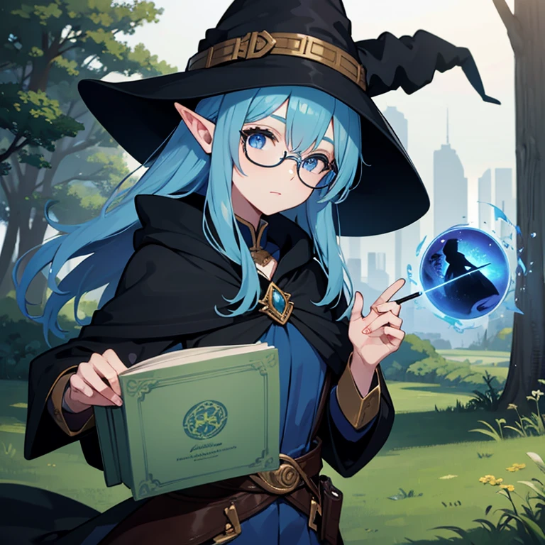 Elf, blue hair, black cloak, witch, circle glasses