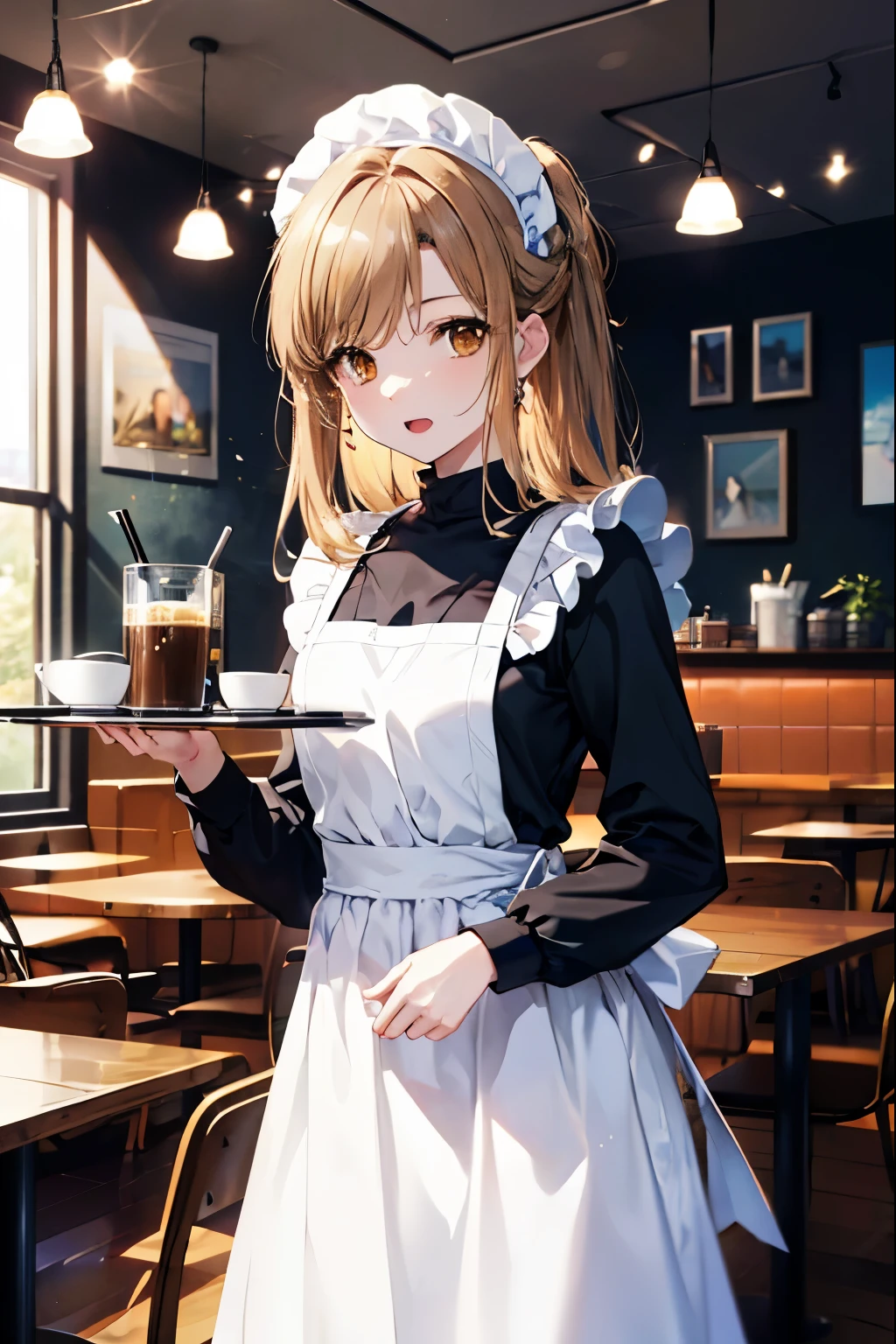 a sun ayuuki, a sun a yuuki, long hair, brown hair, (brown eyes:1.8), (medium chest:1.2),headdress, dress, apron, looking at the viewer, , clavicle, cute, smile, open your mouth, alone, long sleeve, indoor, Cafe, remainder, food, drink, table and chairs, cleaning, tray, tray in one hanh
break outdoors, coffee shop　open terrace,
break looking at viewer, (cowboy shot:1.5),
break (masterpiece:1.2), highest quality, High resolution, unity 8k wallpaper, (figure:0.8), (detailed and beautiful eyes:1.6), highly detailed face, perfect lighting, Very detailed CG, (perfect hands, perfect anatomy),