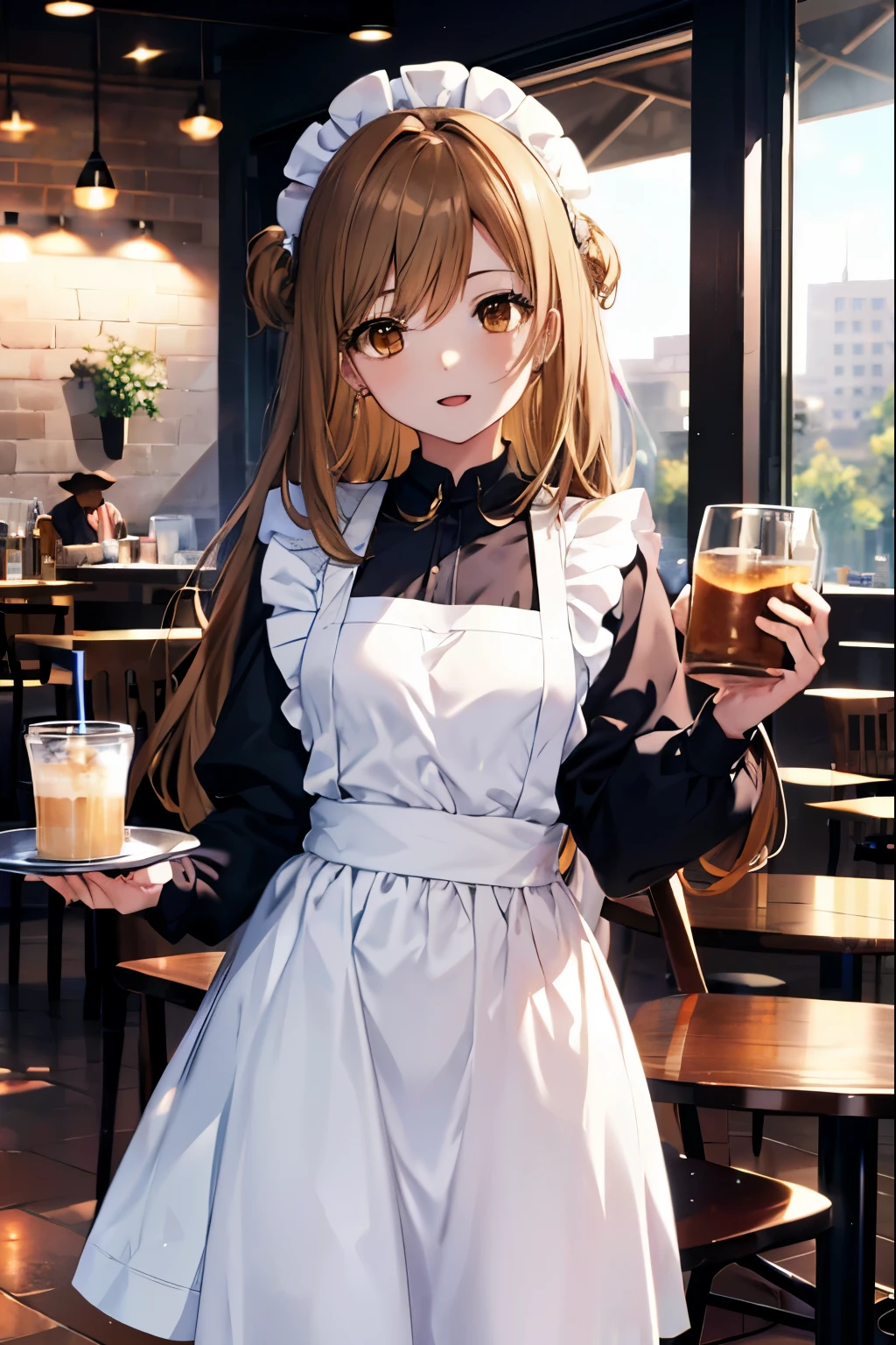 a sun ayuuki, a sun a yuuki, long hair, brown hair, (brown eyes:1.8), (medium chest:1.2),headdress, dress, apron, looking at the viewer, , clavicle, cute, smile, open your mouth, alone, long sleeve, indoor, Cafe, remainder, food, drink, table and chairs, cleaning, tray, tray in one hanh
break outdoors, coffee shop open terrace,
break looking at viewer, (cowboy shot:1.5),
break (masterpiece:1.2), highest quality, High resolution, unity 8k wallpaper, (figure:0.8), (detailed and beautiful eyes:1.6), highly detailed face, perfect lighting, Very detailed CG, (perfect hands, perfect anatomy),