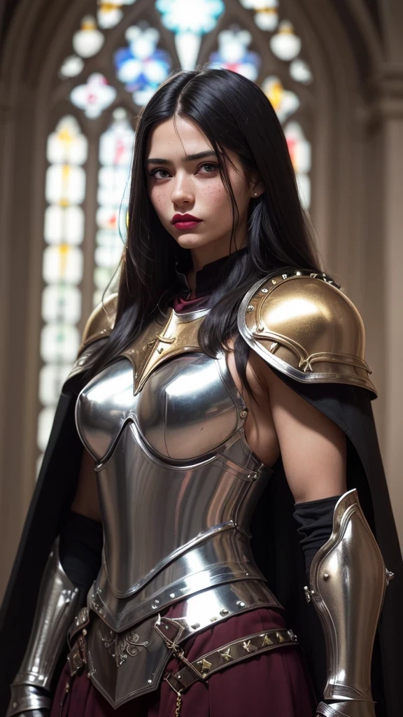 ((best quality: 1.5)) ((masterpiece: 0.8)), intricate details, sharp focus, professional, photorealistic, real life, realistic representation of the face, ((((solo, 1girl) muscular assassin, golden hour, (suntan, intense expression, metallic lipstick, [flat chest:medium breasts:0.8])))) bright glow, dynamic pose, ugly face, in the style of realistic and hyper detailed renderings, medieval church, stained glass, solo, BREAK; BREAK (((long black straight hair, blackout gothic eyeshadow))), (freckles: 0.9), ((((body tattoo: 0.8)))), ((fujicolor)), BREAK; BREAK ((((medieval paladin, (lacquered maroon armor:1.7, (cleric, chrome rivets, lethal, cape, breastplate)))), photorealistic, hyper-realistic)))