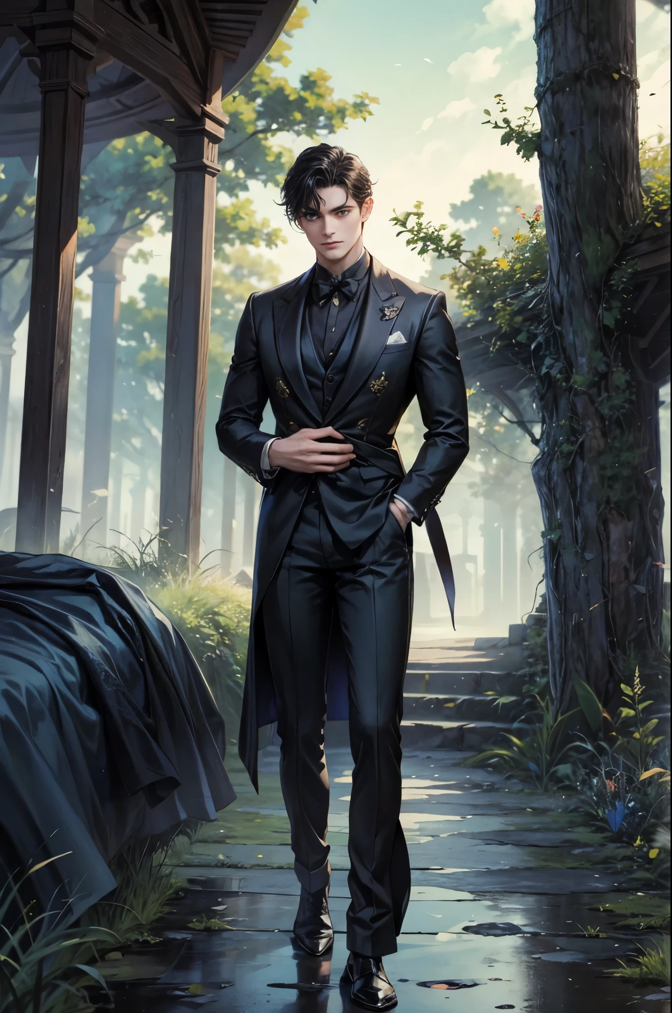 ((Best quality)), ((masterpiece)), (detailed), ((perfect face)), ((halfbody)) character from boys over flowers In the eerie twilight of a hauntingly beautiful carnival, a dashing young man with piercing blue eyes and raven hair, clad in a vintage black suit, confidently strolls along the cobblestone path. As he passes by the enigmatic carousel with its that lie within the heart of this eerie wonderland.