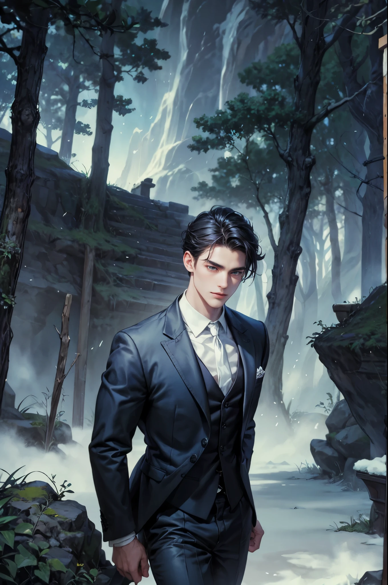 ((Best quality)), ((masterpiece)), (detailed), ((perfect face)), ((halfbody)) character from boys over flowers In the eerie twilight of a hauntingly beautiful carnival, a dashing young man with piercing blue eyes and raven hair, clad in a vintage black suit, confidently strolls along the cobblestone path. As he passes by the enigmatic carousel with its that lie within the heart of this eerie wonderland.
