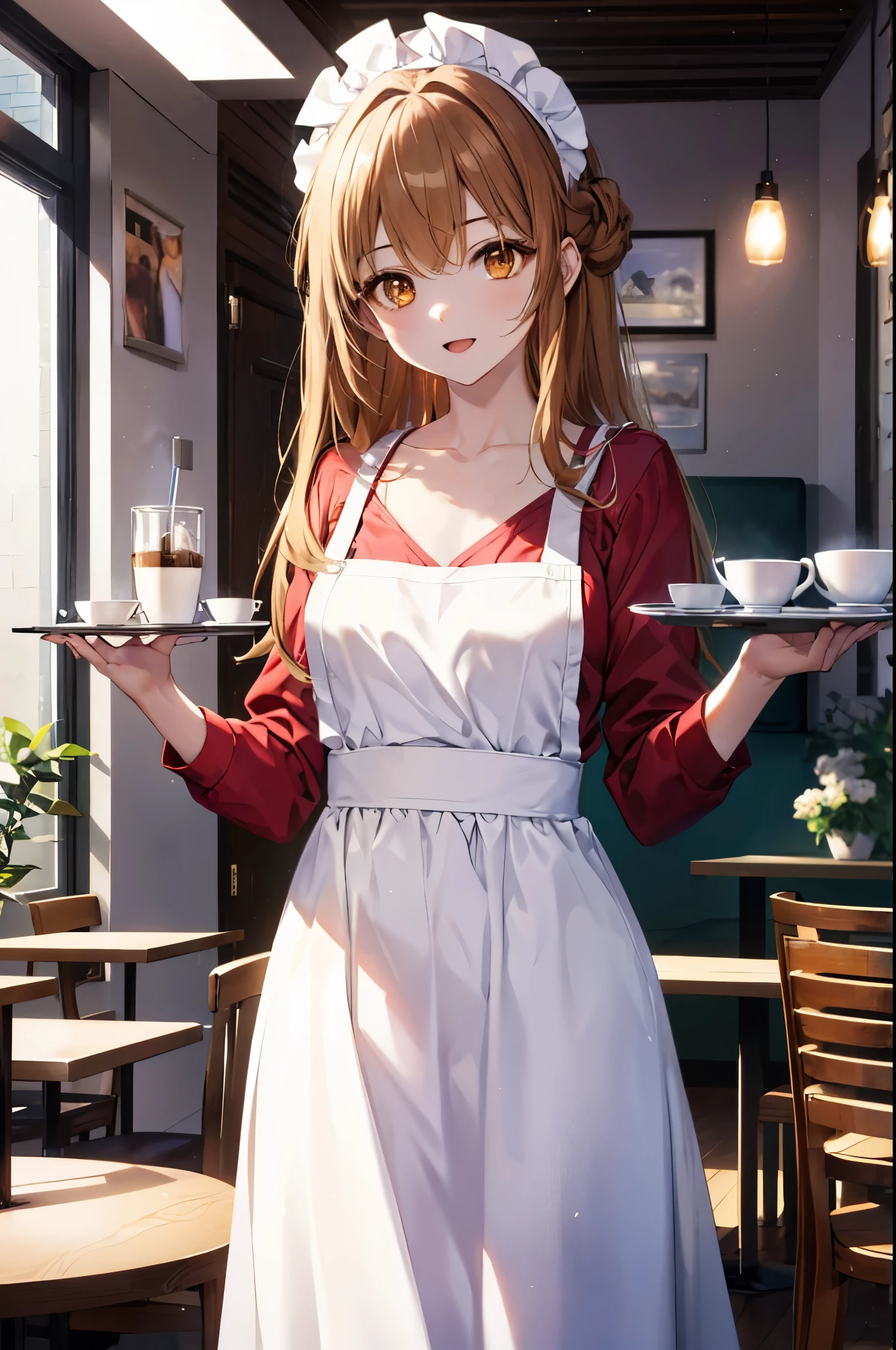 a sun ayuuki, a sun a yuuki, long hair, brown hair, (brown eyes:1.8), (medium chest:1.2),headdress, dress, apron, looking at the viewer, , clavicle, cute, smile, open your mouth, alone, long sleeve, indoor, Cafe, remainder, food, drink, table and chairs, cleaning, tray, tray in one hanh
break outdoors, coffee shop open terrace,
break looking at viewer, (cowboy shot:1.5),
break (masterpiece:1.2), highest quality, High resolution, unity 8k wallpaper, (figure:0.8), (detailed and beautiful eyes:1.6), highly detailed face, perfect lighting, Very detailed CG, (perfect hands, perfect anatomy),