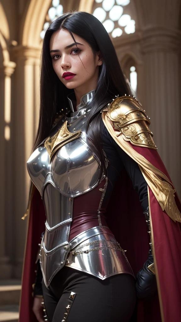 ((best quality: 1.5)) ((masterpiece: 0.8)), intricate details, sharp focus, professional, photorealistic, real life, realistic representation of the face, ((((solo, 1girl) muscular assassin, golden hour, (suntan, intense expression, metallic lipstick, [flat chest:medium breasts:0.8])))) bright glow, dynamic pose, ugly face, in the style of realistic and hyper detailed renderings, medieval church, stained glass, solo, BREAK; BREAK (((long black straight hair, blackout gothic eyeshadow))), (freckles: 0.9), ((((body tattoo: 0.8)))), ((fujicolor)), BREAK; BREAK ((((medieval paladin, (lacquered maroon armor:1.7, (cleric, chrome rivets, lethal, cape, breastplate)))), photorealistic, hyper-realistic)))
