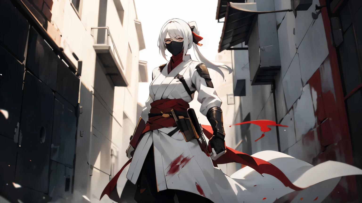 A white-haired woman with a serious face stood holding a gun against a wall in an alley, wearing a blood-stained white ninja outfit and round yellow-lensed glasses on her head, showing half of her body.