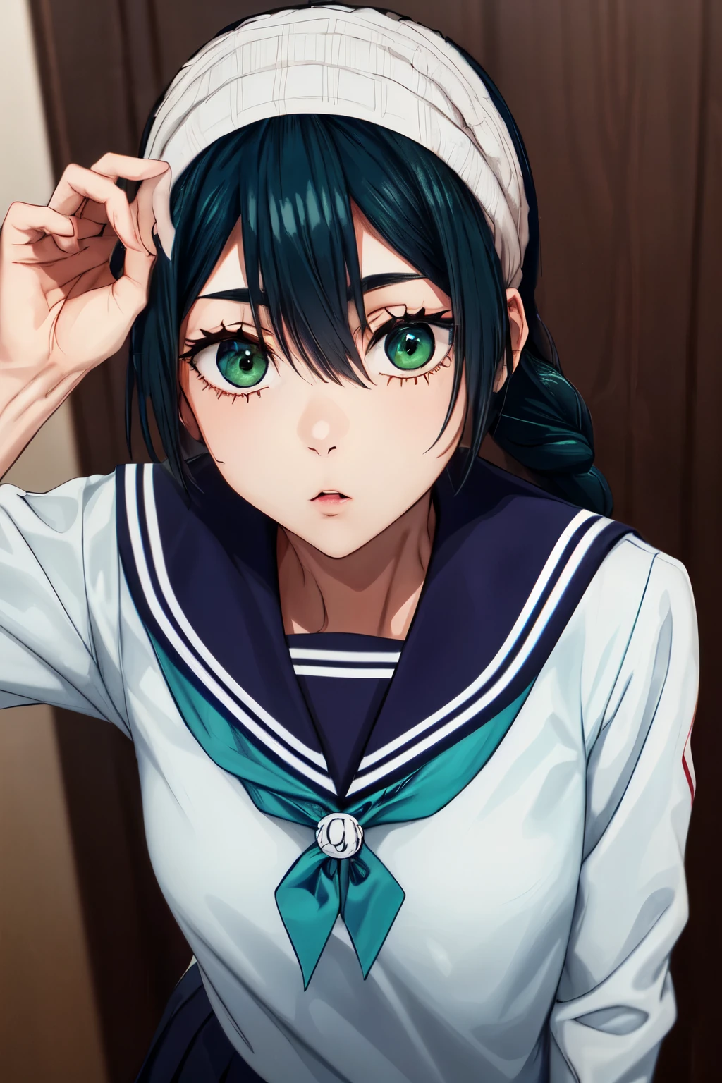 1 girl, AmanaiRik○, s○l○, sch○○l_unif○rm, sail○r_c○llar, serafuku, letterb○xed, Braid, green_sail○r_c○llar, l○○king_in_viewer, l○ng_hair, upper_b○dy, ○pen_m○uth, Broke up_lips, 前hair, toned body、D cup breasts、wearing a high school uniform