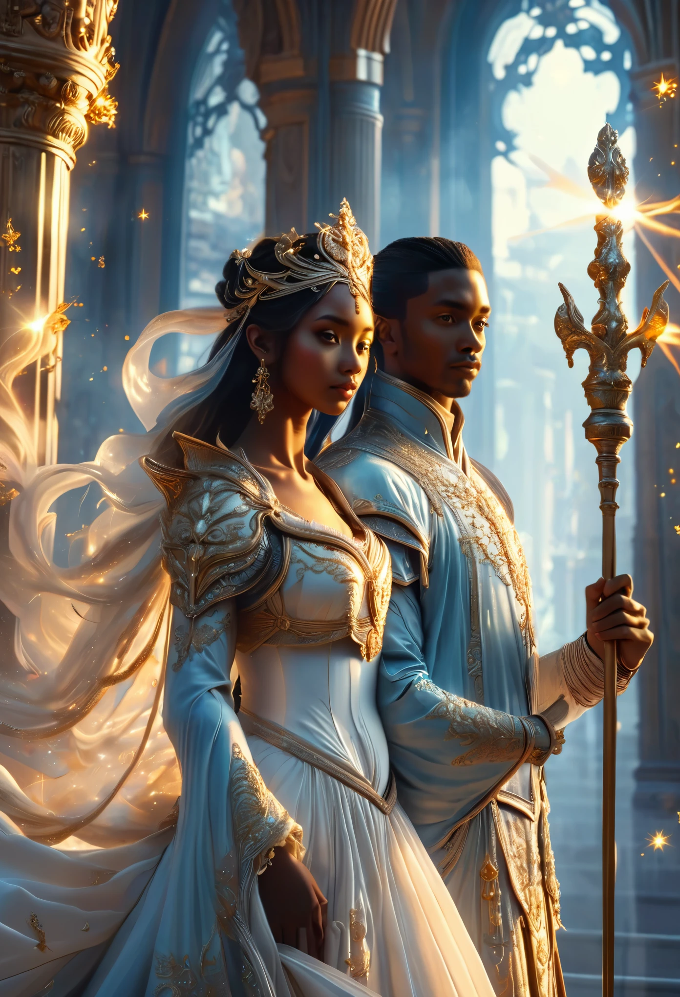 A couple in heavenly palace, two young ((black-skinned)) imperial noble in a celestial court, a beautiful young duke with long hair and a beautiful pregnant woman with long hair, holding scepter and lance,realistic, insanely realistic, livre de couverture, 8K, realistic.HD, 4K, HD, De vrais visages, cinematography, image doit avoir un rapport hauteur/largeur de 1:1.6, et mesurez au moins 2,500 pixels on the longest side. Very detailed, comme la photographie