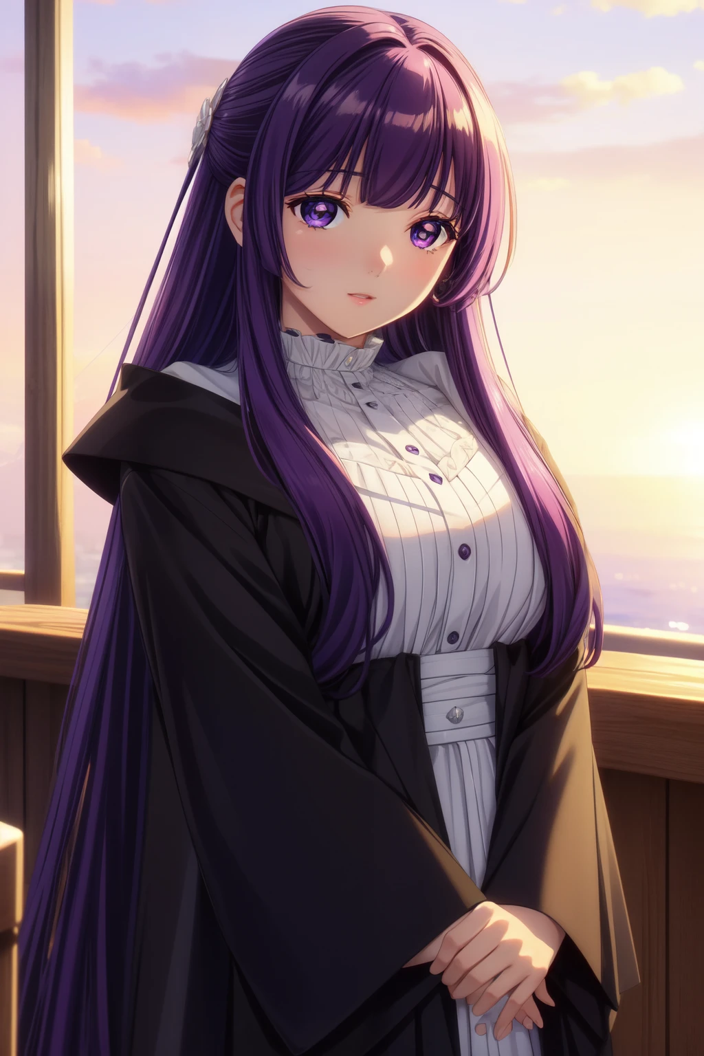 は²ä¸¸,1 girl,alone,purple hair,long hair,purple eyes,dull bangs,side lock,half up hair,bright瞳,big breast hair ornament,Ruffled collar,black robe,white dress,center ruffle,button,wide sleeve,long sleeve,winding,cowboy shot,, exquisite visuals, High resolution,masterpiece,Highest quality,, 20 years,young woman,beautiful指,beautiful長い脚,beautiful体,beautiful鼻,beautifulキャラクターデザイン, perfect eyes, perfect face,expressive eyes,
looking at the viewer,
official art,Highly detailed CG Unity 8k wallpaper, perfect lighting,colorful, bright_front_face_lit,shiny skin, 
(masterpiece:1.0),(Highest_quality:1.0), 超High resolution,4k,super detailed,
photograph, 8k, HDR, High resolution, disorganized:1.2, kodak portrait 400, film grain, blurred background, Bokeh:1.2, Lens flare, (lively_color:1.2), (beautiful_face:1.5),(narrow_waist), ,NSFW,