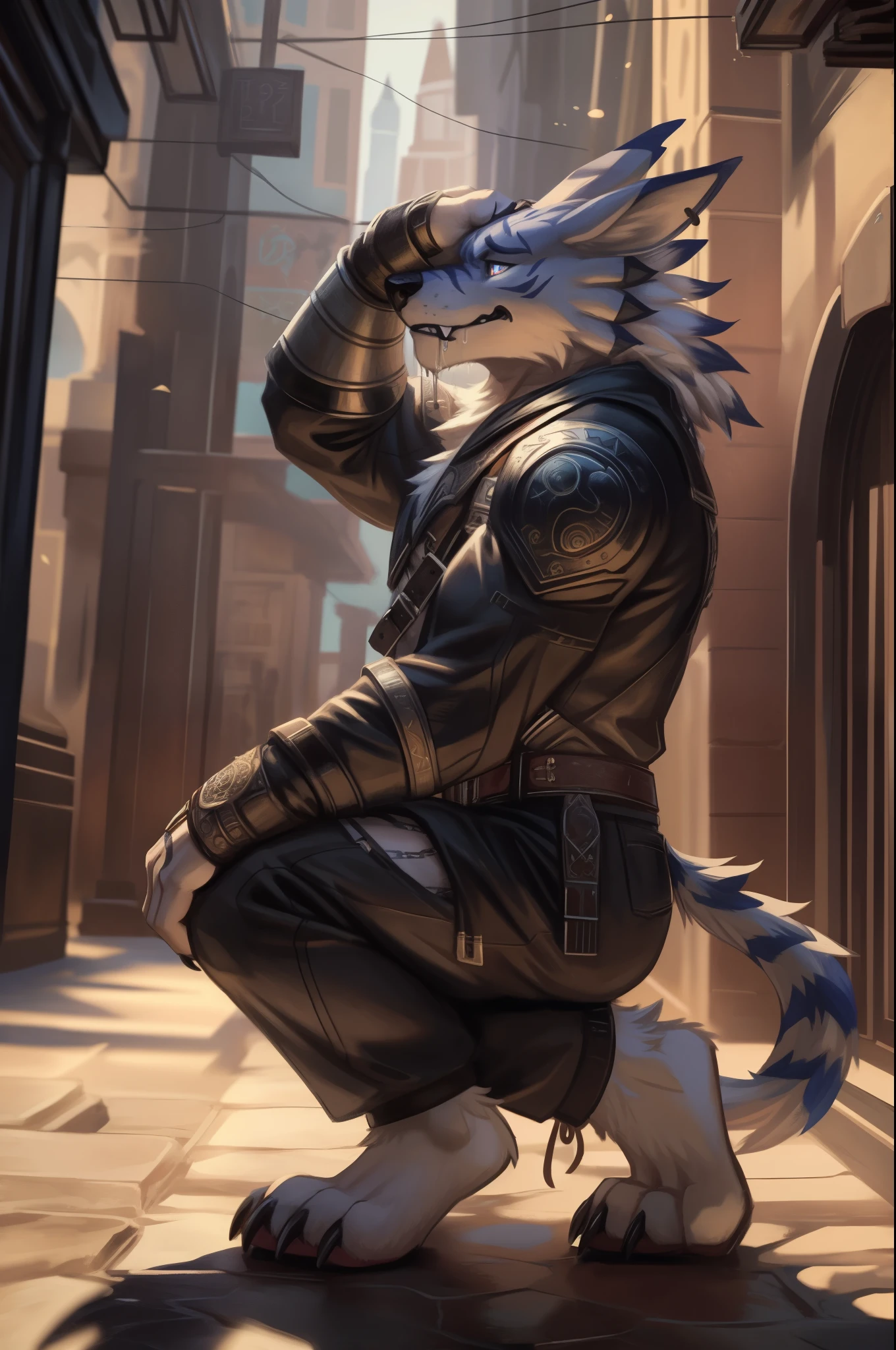 (((Barefoot furry character, full body, cinematic setting, furry male))) Barefoot (hypnotised) WereGarurumon wears ((black ninja suit)), get down on one knee as if praying, detailed paws with claws, blue fur, in a trance, a look of weak resistance to hypnosis on his face, holding head as if he have headache, (drooling), ((red glow in his eyes)), side view BREAK, detailed background, 8K, (masterpiece:1.5), intricate details, highly detailed, extreme detail, octane render, fine art, best quality, highres, (detailed face:1.5), ((full_body)), UHD, (((perfect hands)))