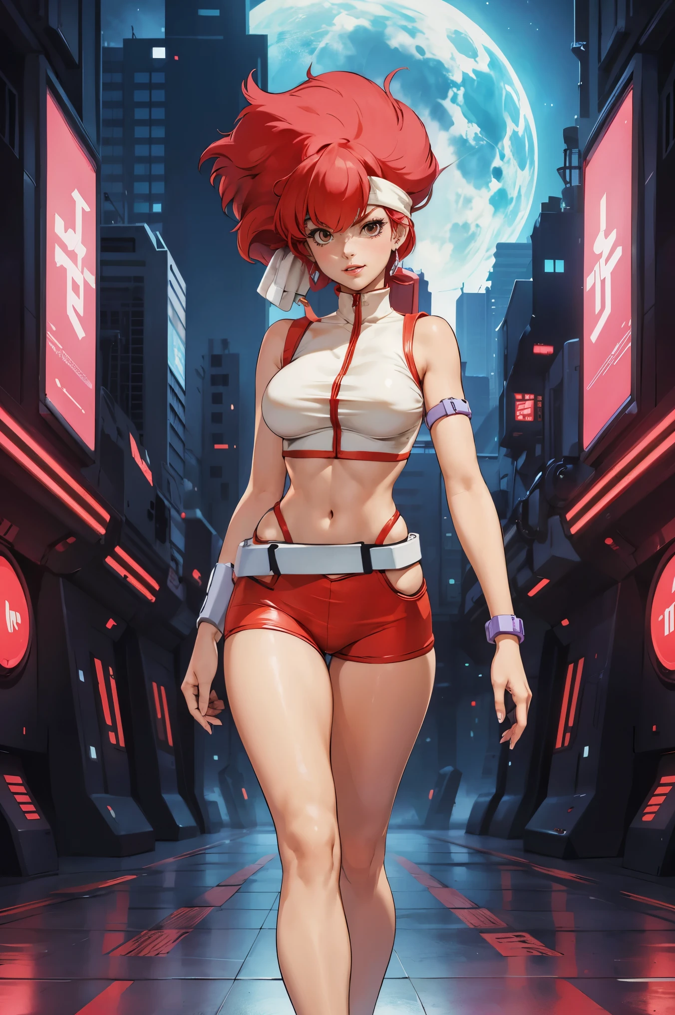 Kei from The Dirty Pair, , wearing a tight outfit, frame, legs, medium breast, red hair beauty, cyberpunk city background, holding retro space-gun, headband, slim waist, slim thighs, thigh gap