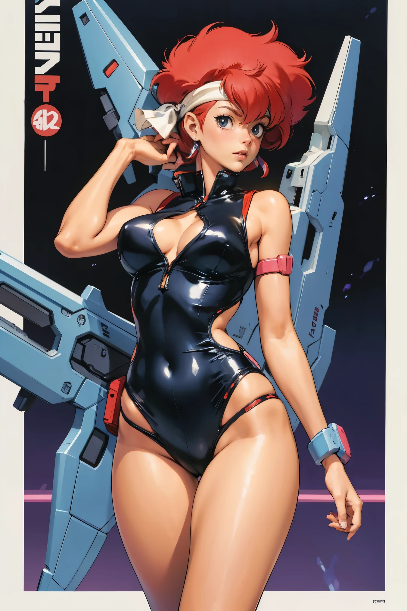 Kei from The Dirty Pair, , wearing a tight outfit, frame, legs, medium breast, red hair beauty, cyberpunk city background, holding retro space-gun, headband, slim waist, slim thighs, thigh gap