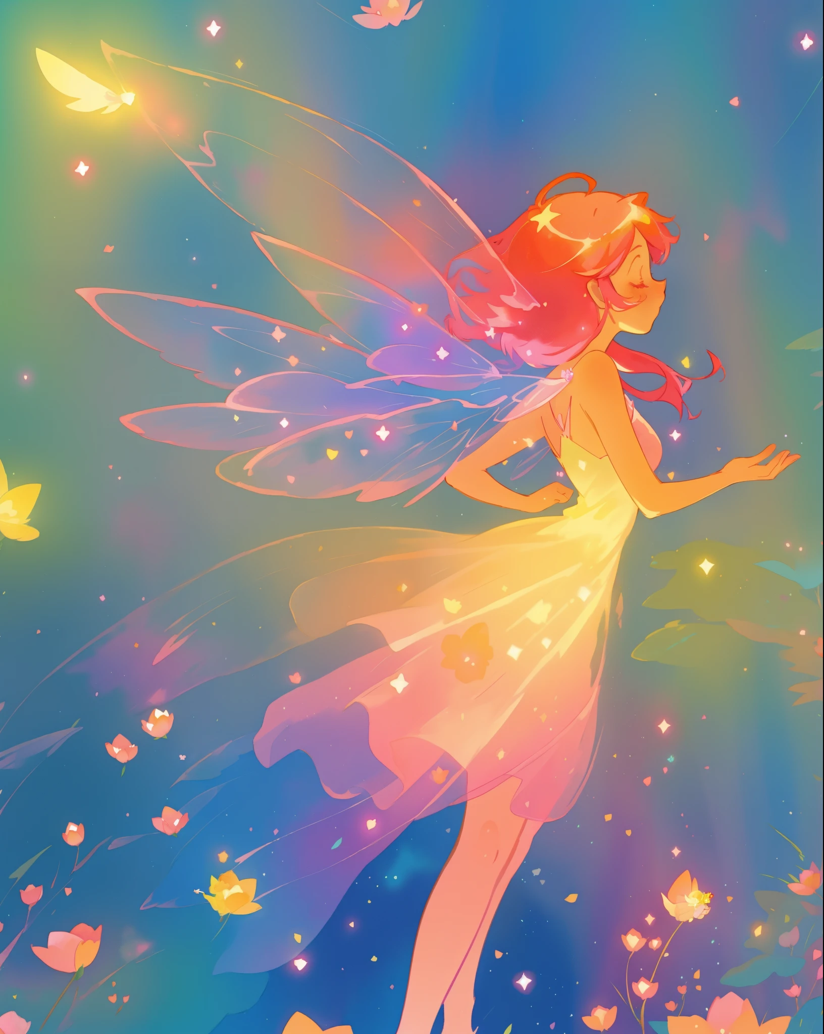 beautiful fairy girl in a sparkling layered dress, long flowing pink peach red hair, (large sparkling colorful fairy wings on her back), colorful fantasia background, flowers meadow, watercolor illustration, disney art style, glowing aura around her, glowing lights, beautiful digital illustration, fantasia otherworldly landscape plants flowers, beautiful, masterpiece, best quality, anime disney style