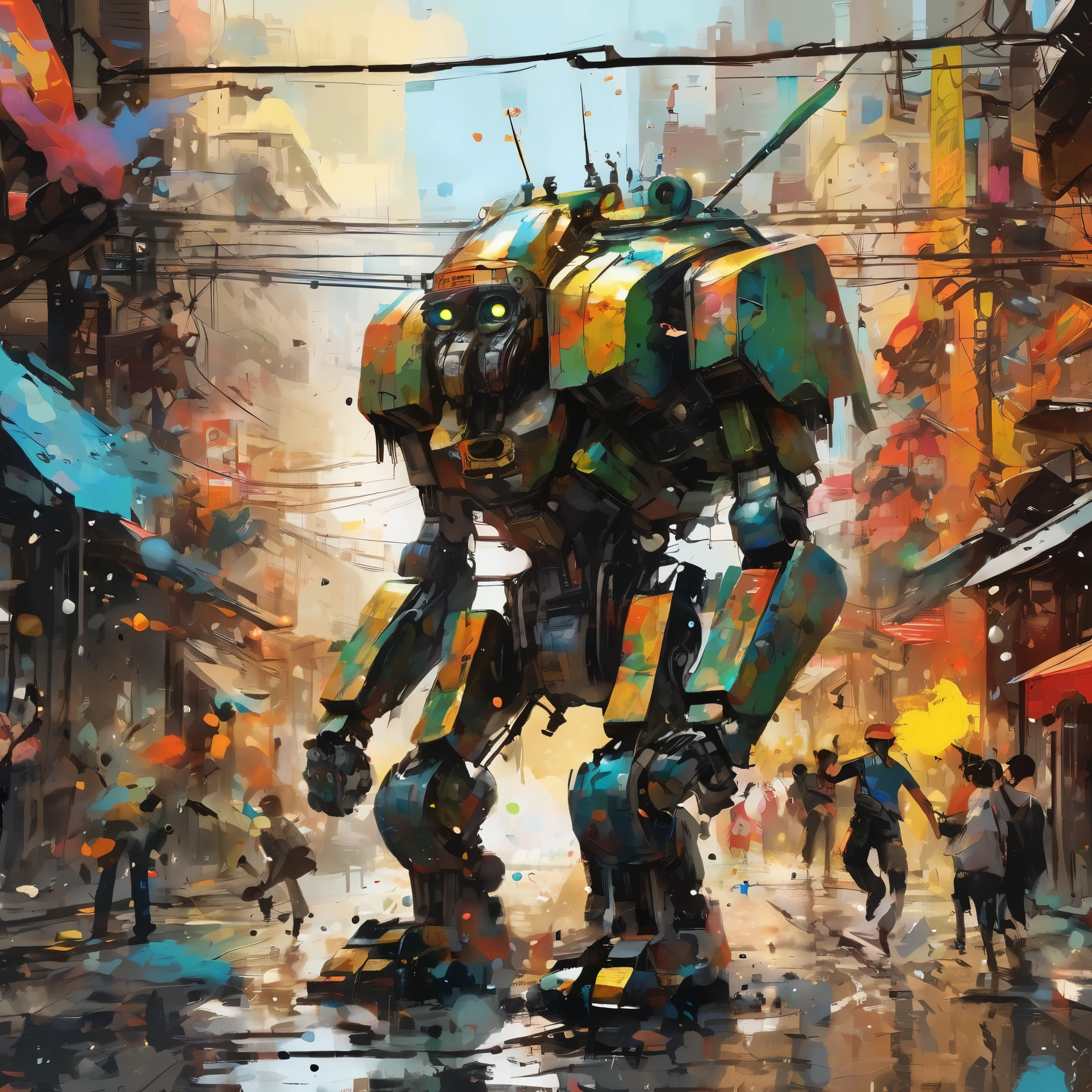 (best quality,4k,highres), (realistic:1.37), ultra-detailed, (professional), (vivid colors), (bokeh), vintage paper texture, Wu Guanzhong's art style, dynamic brush strokes, intense battle scene, intricate details, power-packed punches and kicks, towering buildings crumbling, vibrant explosions, energy bolts and beams, sparks and smoke, dramatic lighting, intense facial expressions, determined robot pilot, menacing alien beast, epic struggle of good vs evil, frenetic action, deep perspectives, attention to anatomy and proportions