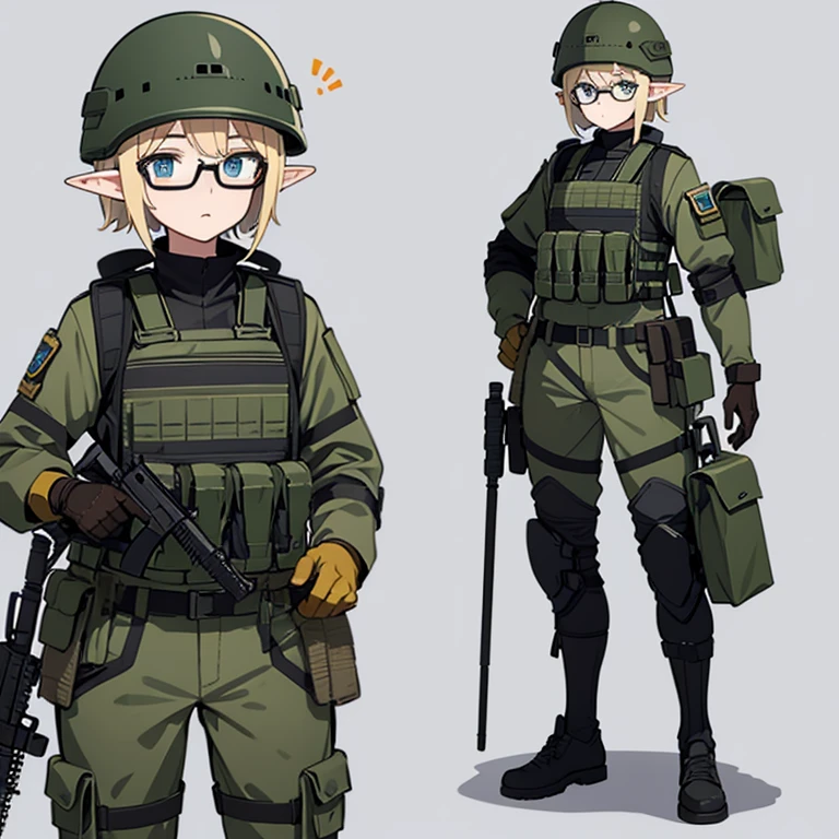 1 Elf, tomboy, military gear(helmet, plate carrier, pouches), rifle, circle glasses