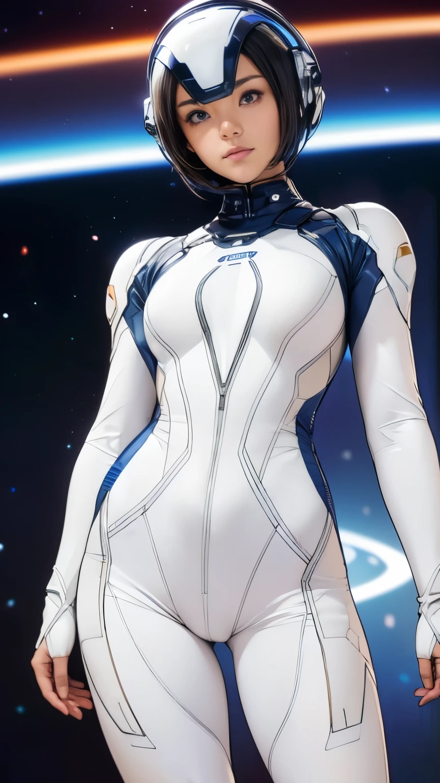 A woman in a white suit with blue accents standing in front of a planet ...