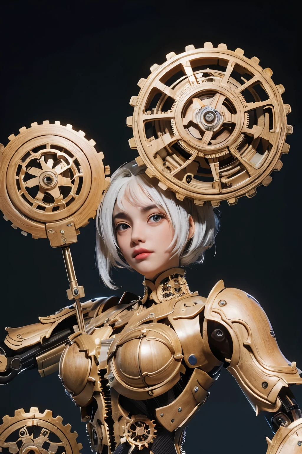 ((Obra maestra, of the highest quality, Maximum image quality, high resolution, fotorrealista, foto cruda, 8K)), mechanical puppet, Its body is made of gears and a wooden frame.. Fondo blanco, Un laboratorio en blanco, 