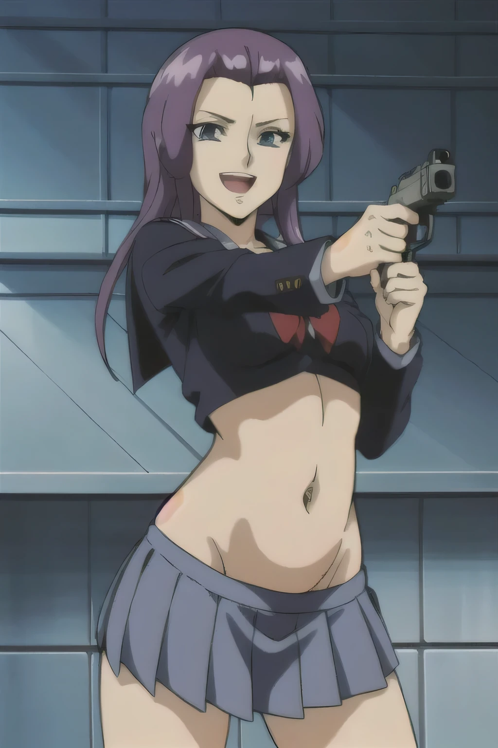 Kate,1girl,purple hair,forehead,long hair,
masterpiece, best quality, highly detailed, a anime girls in sailor uniforms with a gun posing for a picture,
evil smile, smile, open mouth,black_serafuku, ecchi anime style, anime girls , (nsfw) not safe for work,
ecchi style, ecchi, shipgirls, digital anime art!!, high school girls, in anime style, official artwork, beautiful
anime high school girl, anime style 4 k, micro skirt, exposed belly, exposed navel, exposed midriff,
exposed lower belly,school, classroom, navel piercing