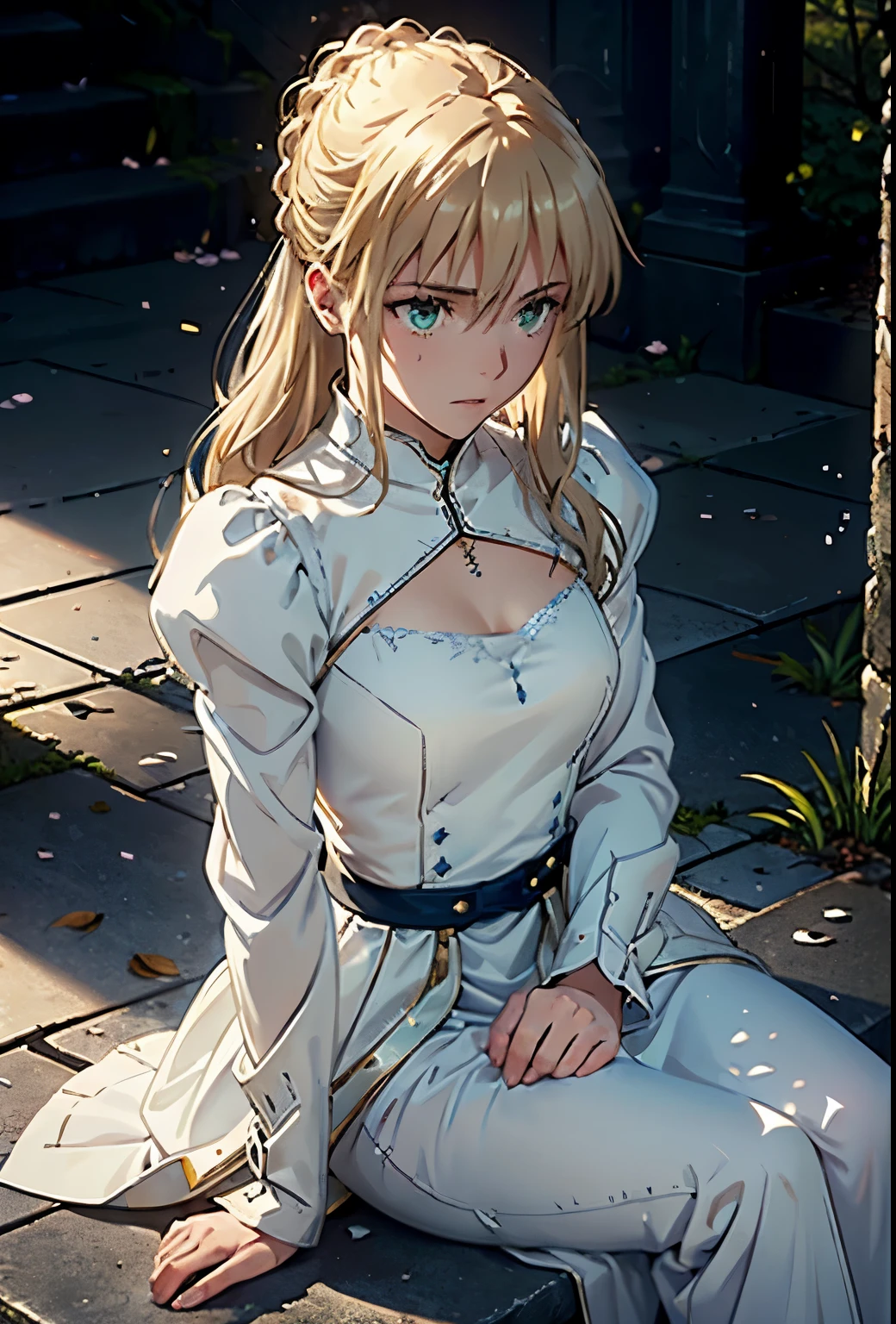 Create a hyper-realistic portrait of a young woman, reminiscent of Saber from Fate, resting after a battle. She is seated on weathered urban steps, her pose relaxed yet elegant. Her golden hair cascades in loose curls, reflecting the soft light that filters through the surrounding architecture. Her eyes, a clear green, gaze forward with a serene intensity, embodying both the calm and the storm.

Her dress is a luxurious, flowing white garment with blue accents that mirror the original illustration, draped over her in a natural, relaxed manner. The fabric catches the light, highlighting the texture and folds, and her armored gloves lay gently in her lap, next to a beautifully detailed sword that rests against her.

The setting is an intimate cityscape at twilight, with the details of the worn steps, growing weeds, and scattered petals captured with photorealistic precision. The tranquil atmosphere suggests a moment of peace in an otherwise untold story of heroism and valor.