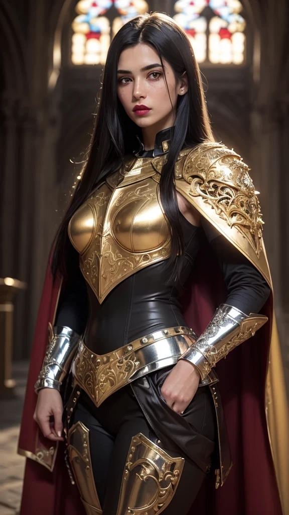 ((best quality: 1.5)) ((masterpiece: 0.8)), intricate details, sharp focus, professional, photorealistic, real life, realistic representation of the face, ((((solo, 1girl) muscular assassin, golden hour, (suntan, intense expression, metallic lipstick, [flat chest:medium breasts:0.8])))) bright glow, dynamic pose, ugly face, in the style of realistic and hyper detailed renderings, medieval church, stained glass, solo, BREAK; BREAK (((long black straight hair, blackout gothic eyeshadow))), (freckles: 0.9), ((((body tattoo: 0.8)))), ((fujicolor)), BREAK; BREAK ((((medieval paladin, (lacquered maroon armor:1.7, gold filigree, engraving, (cleric, chrome rivets, lethal, cape, breastplate)))), photorealistic, hyper-realistic)))