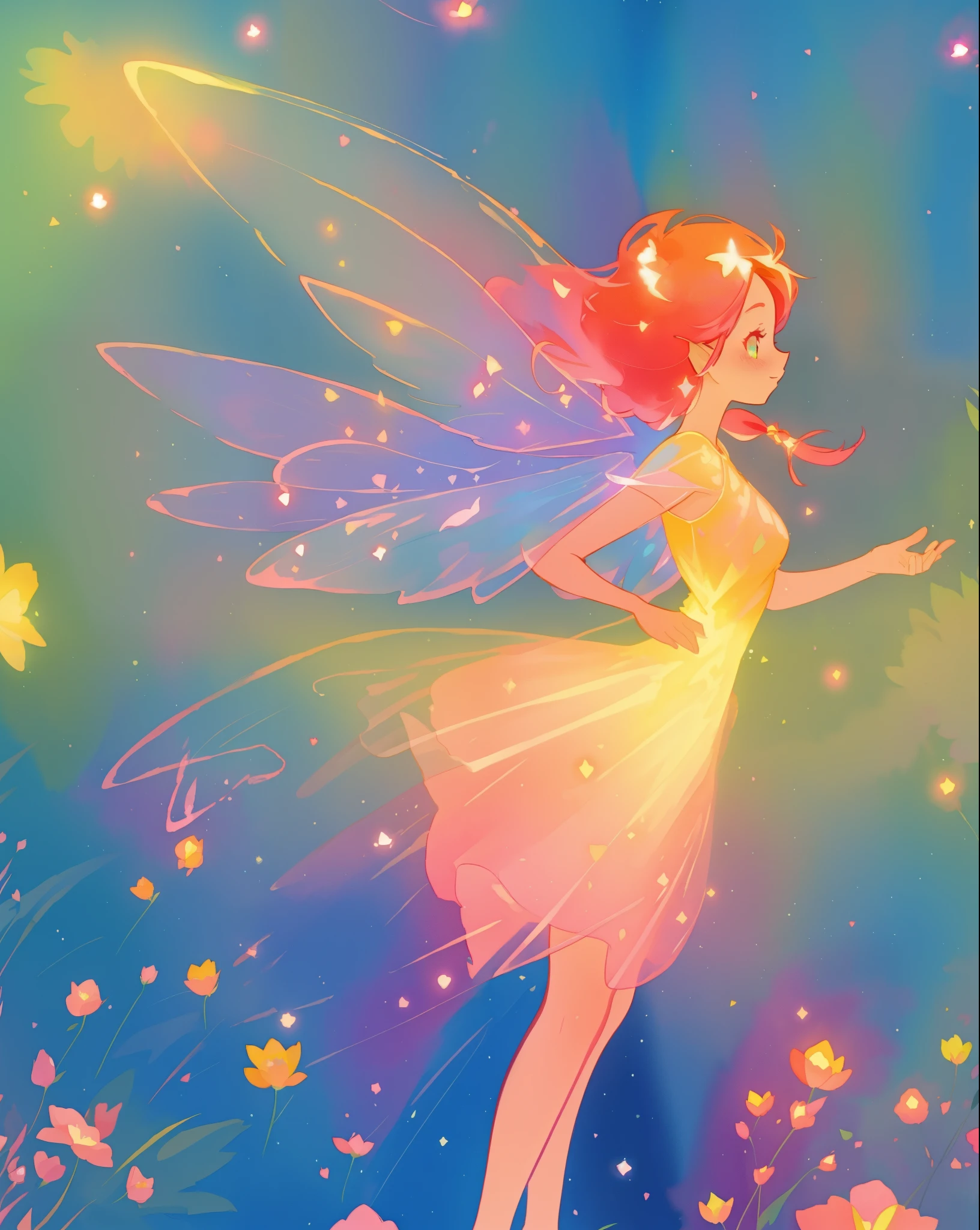 beautiful fairy girl in a sparkling layered dress, long flowing pink peach red hair, (large sparkling colorful fairy wings on her back), colorful fantasia background, flowers meadow, watercolor illustration, disney art style, glowing aura around her, glowing lights, beautiful digital illustration, fantasia otherworldly landscape plants flowers, beautiful, masterpiece, best quality, anime disney style