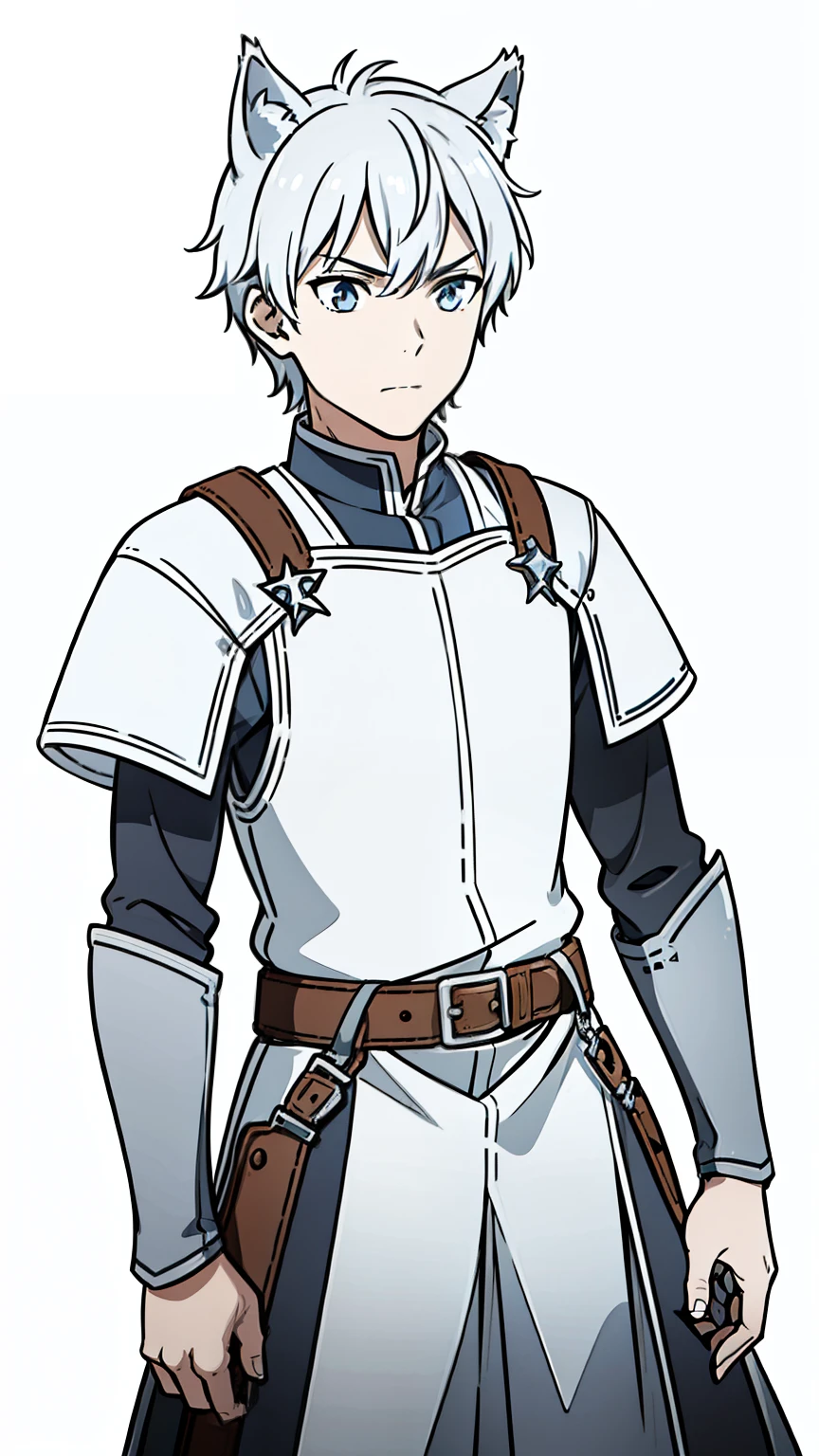 (1boy,),short hair,solo,white medieval armor,silver hair,wolf ears,((cowboy shot)),(white background,line drawing),looking around,serious,from front,