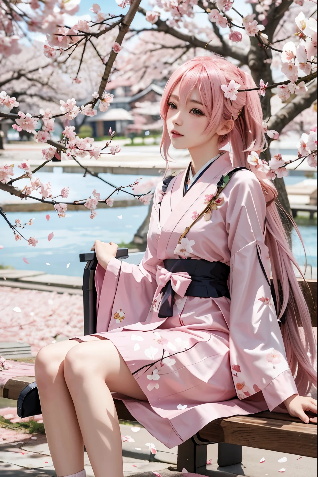 anime girl sitting on a bench with pink hair and a cherry tree, sakura petals around her, sakura season, flowing sakura-colored silk, beautiful realistic artwork